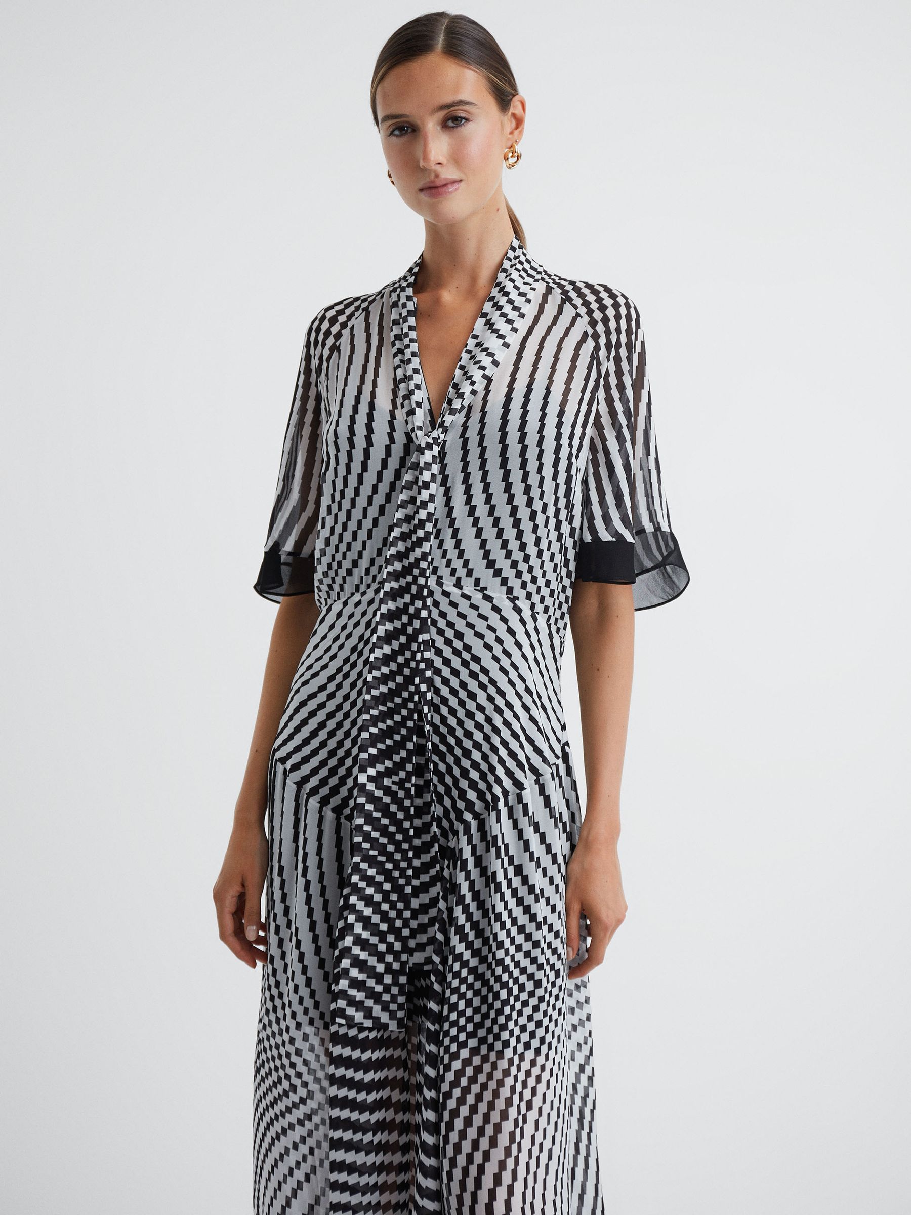 Check Removable Neck Tie Midi Dress in Black/White - Image 3 of 5