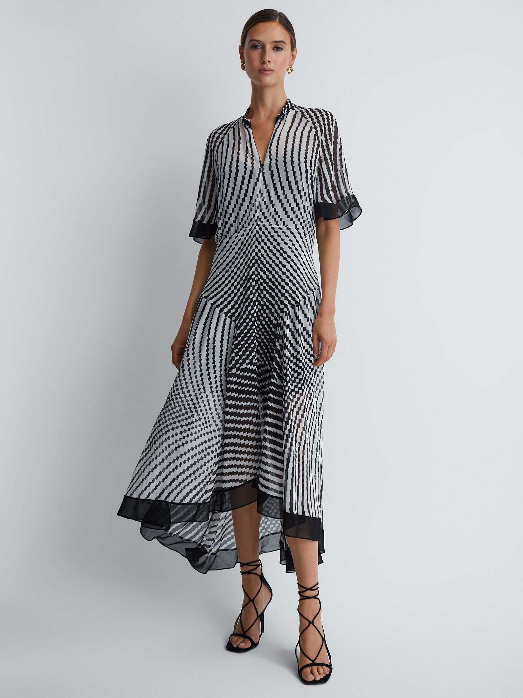 Check Removable Neck Tie Midi Dress in Black/White - Image 4 of 5