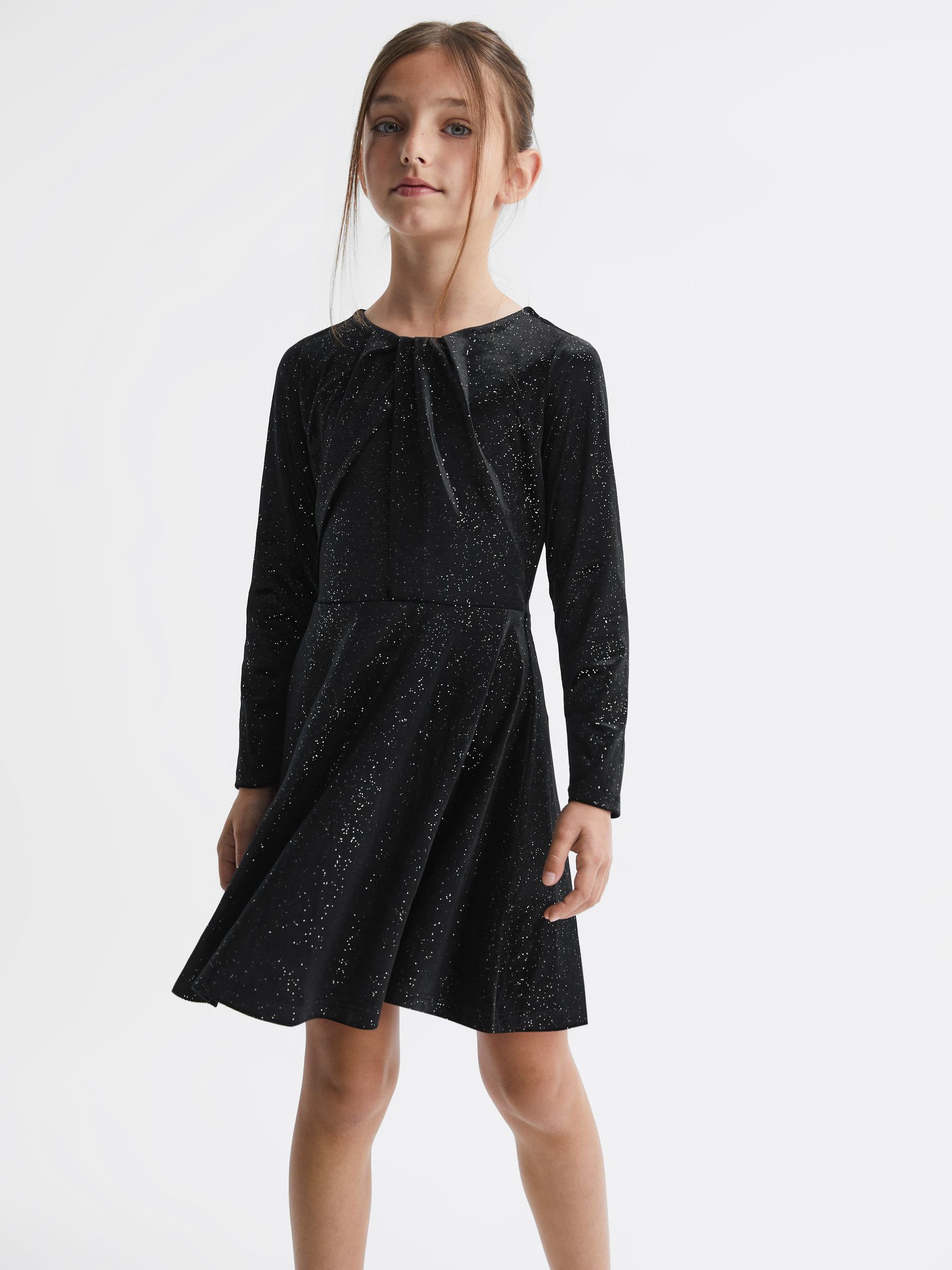 Senior Velour Sparkly Flared Dress in Black - Image 1 of 5