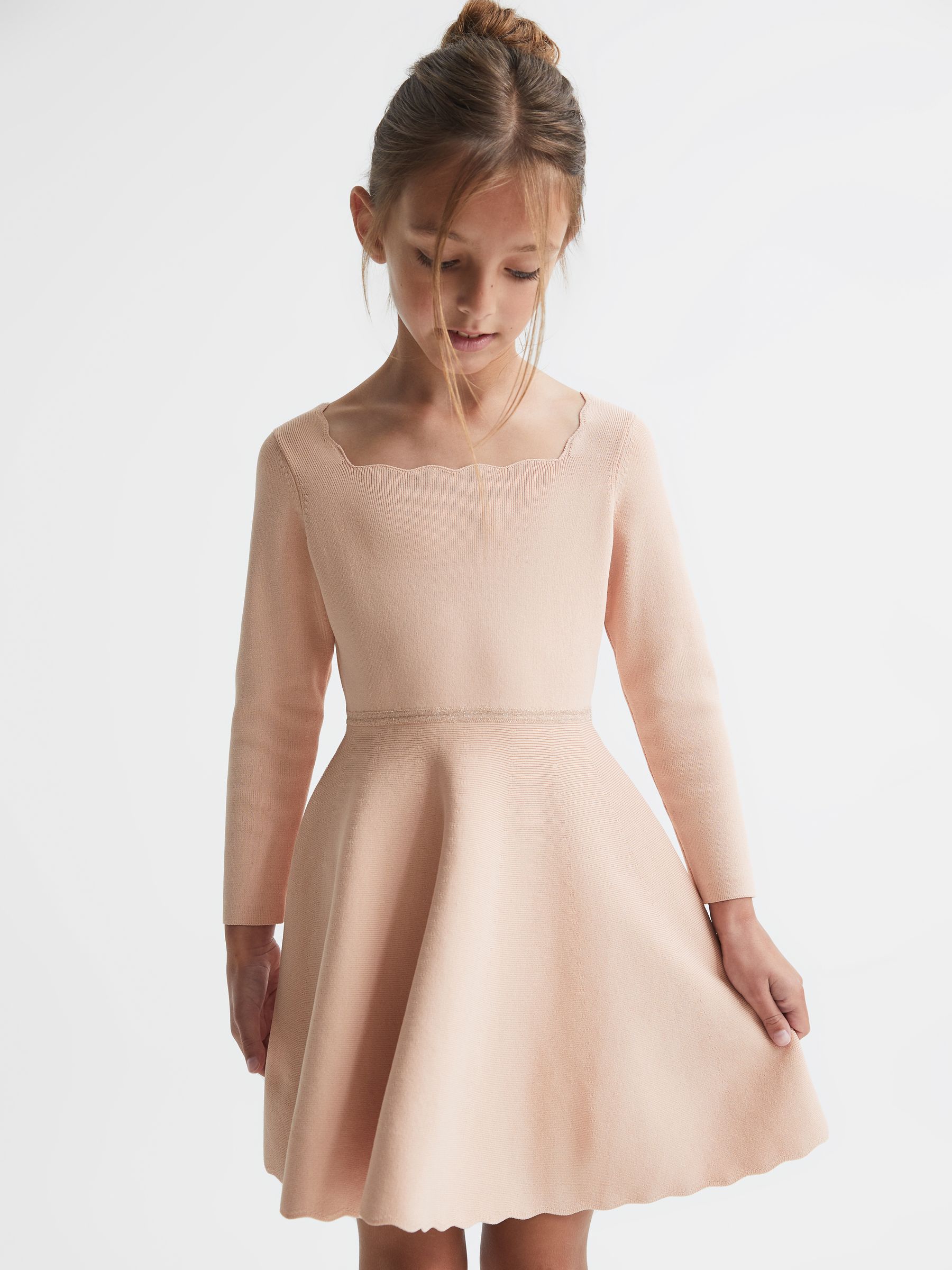 Junior Square Neck Knitted Dress in Pale Pink - Image 1 of 5