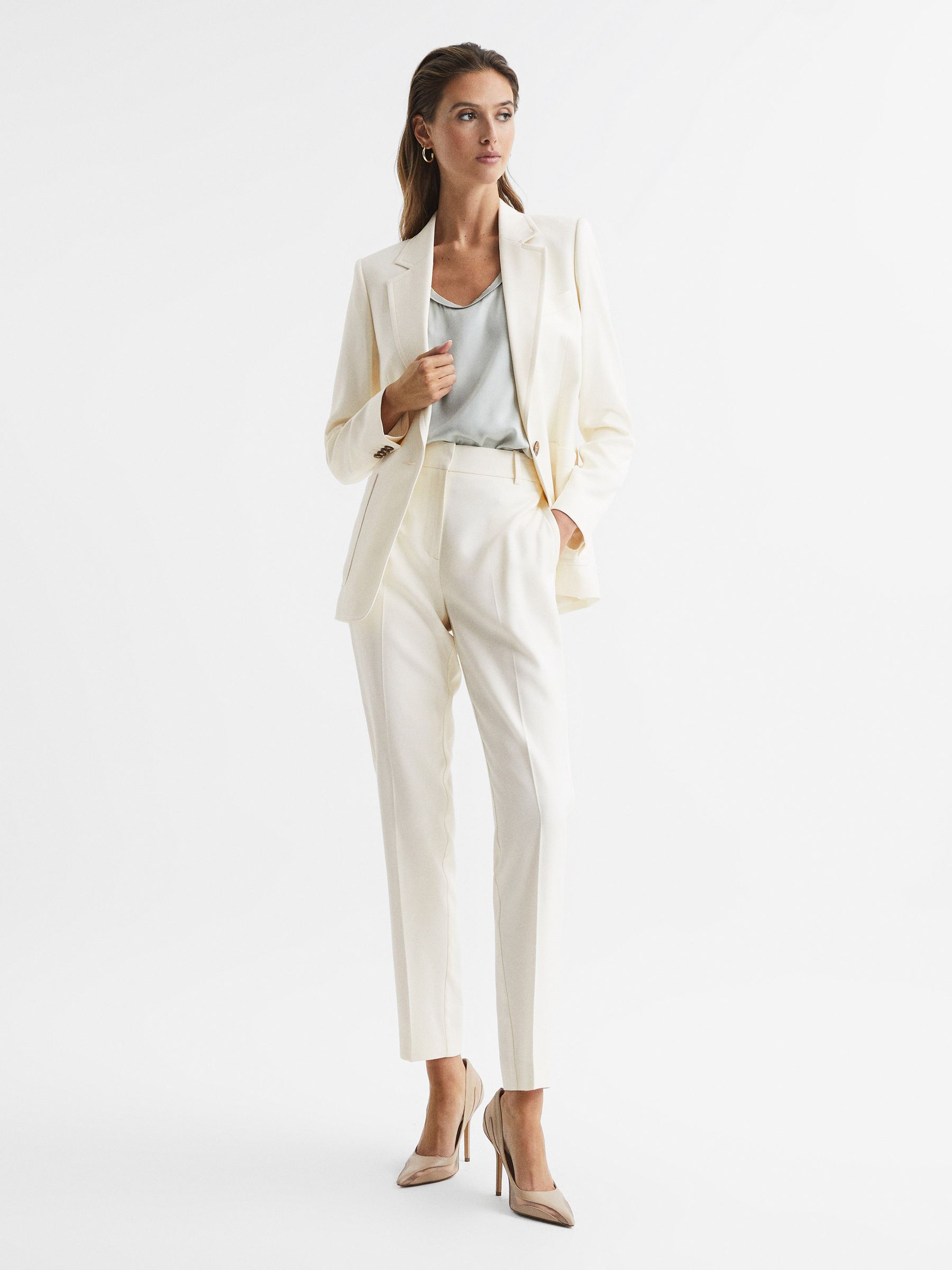 Petite Slim Fit High Rise Trousers in Cream - Image 1 of 6