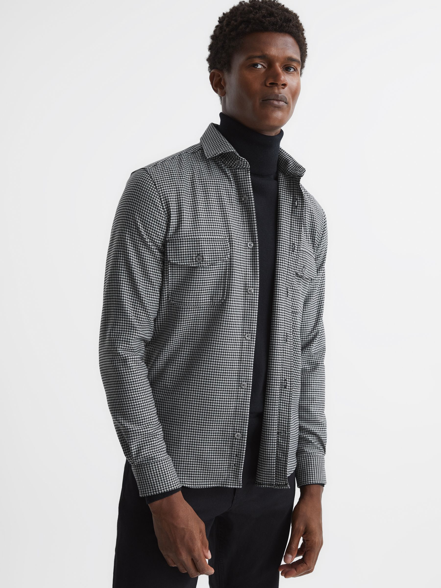 Dogtooth Check Overshirt in Black - Image 1 of 5 Dogtooth Check Overshirt in Black - Image 1 of 5