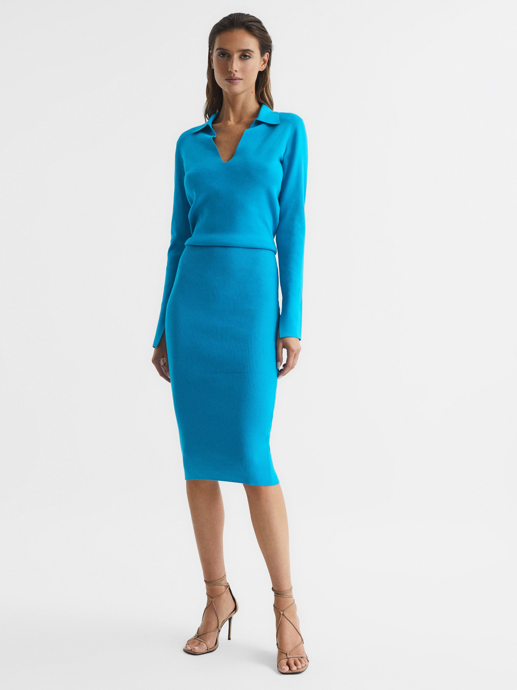 Reiss Rib-Knitted Midi Dress in Blue | REISS
