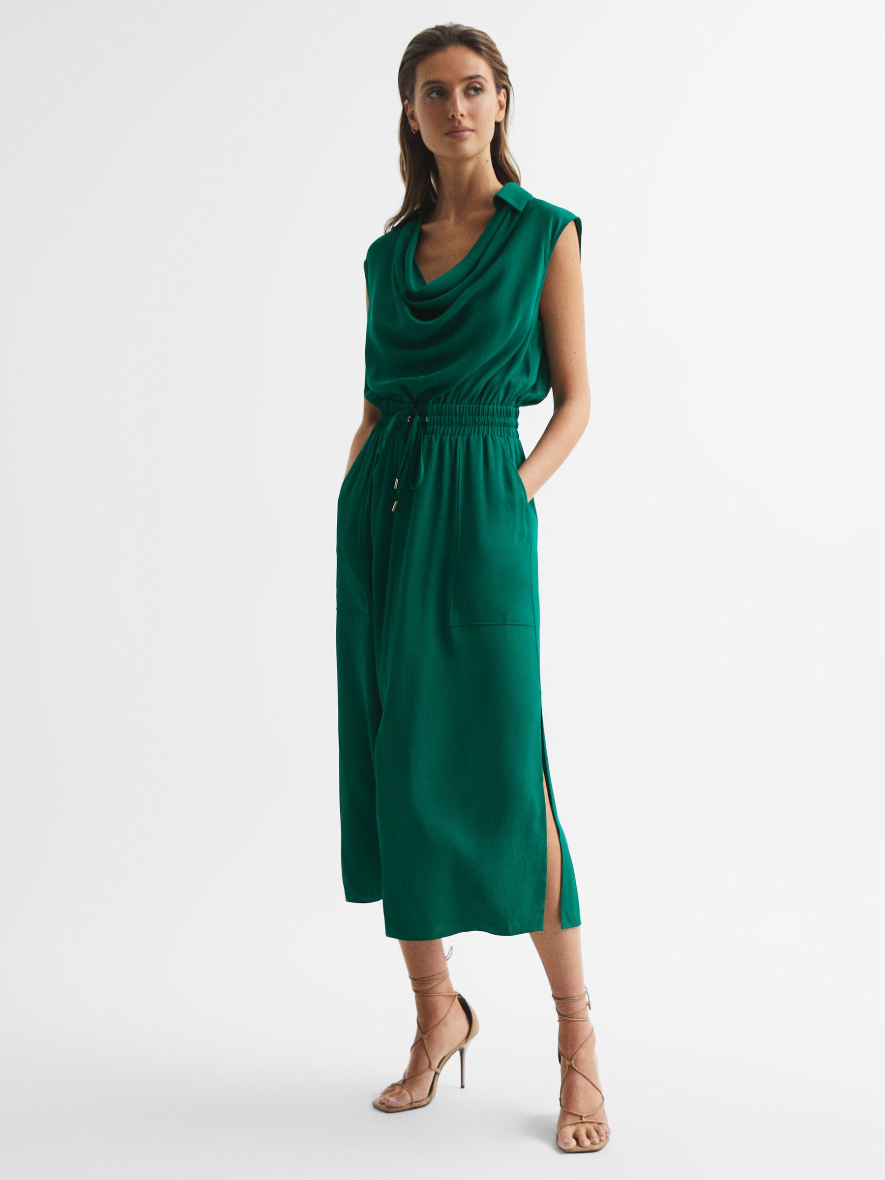 Sleeveless Cowl-Neck Shirt Dress in Green - Image 1 of 7