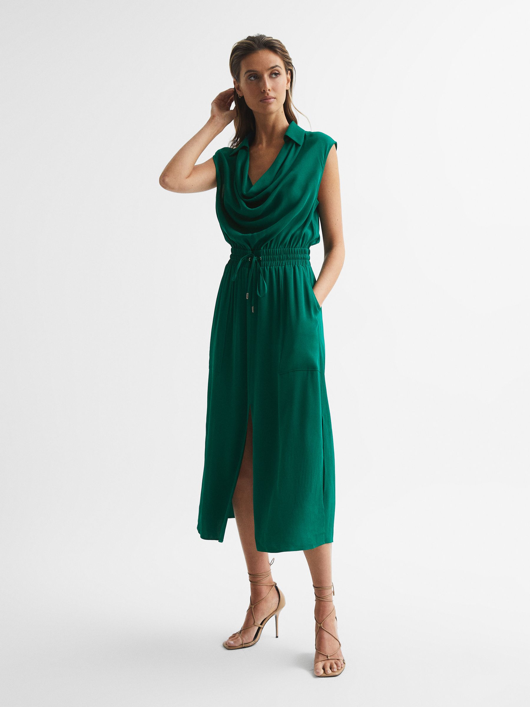 Sleeveless Cowl-Neck Shirt Dress in Green - Image 6 of 7