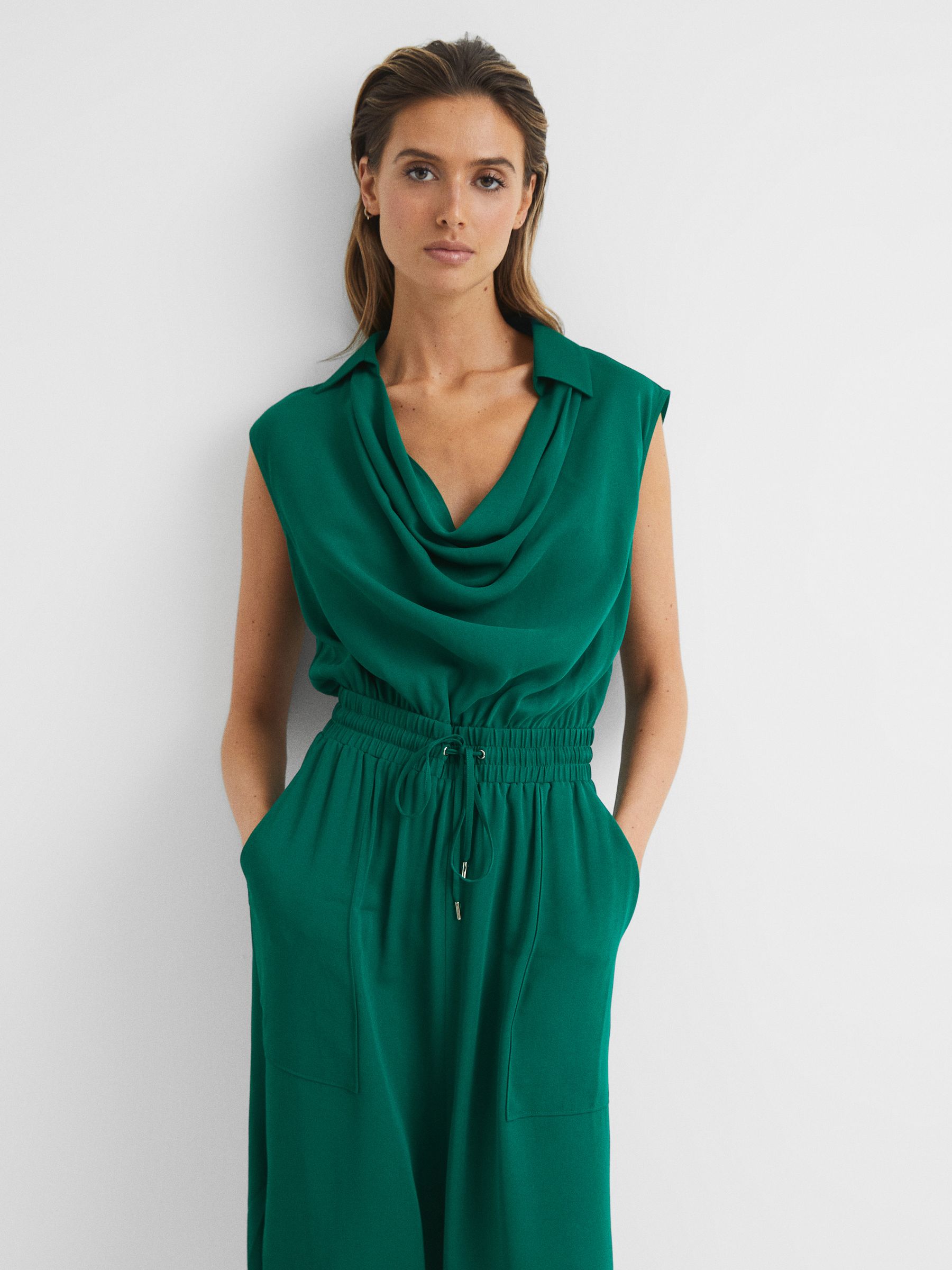 Reiss Sleeveless Cowl-Neck Shirt Dress in Green - REISS