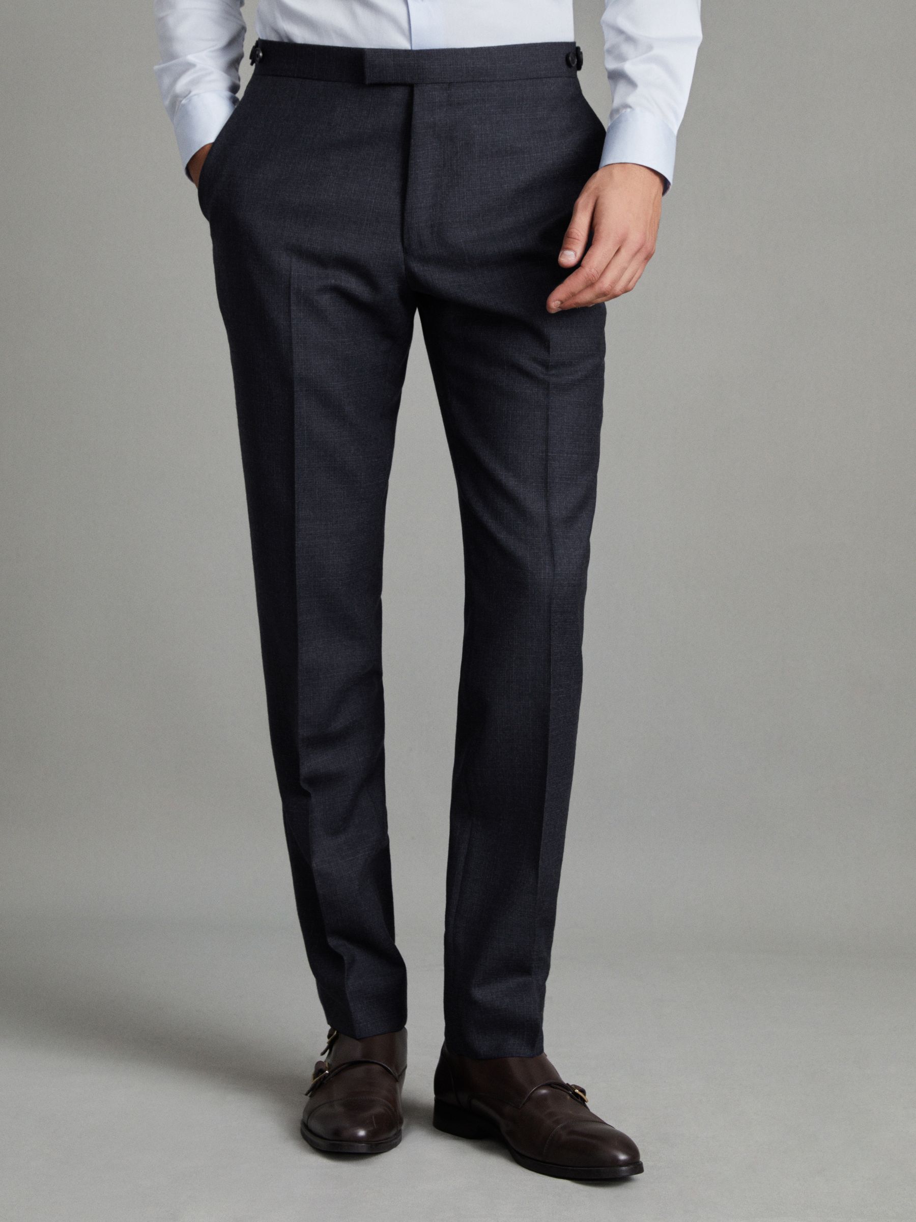 Slim Fit Wool Textured Trousers in Navy - Image 1 of 7