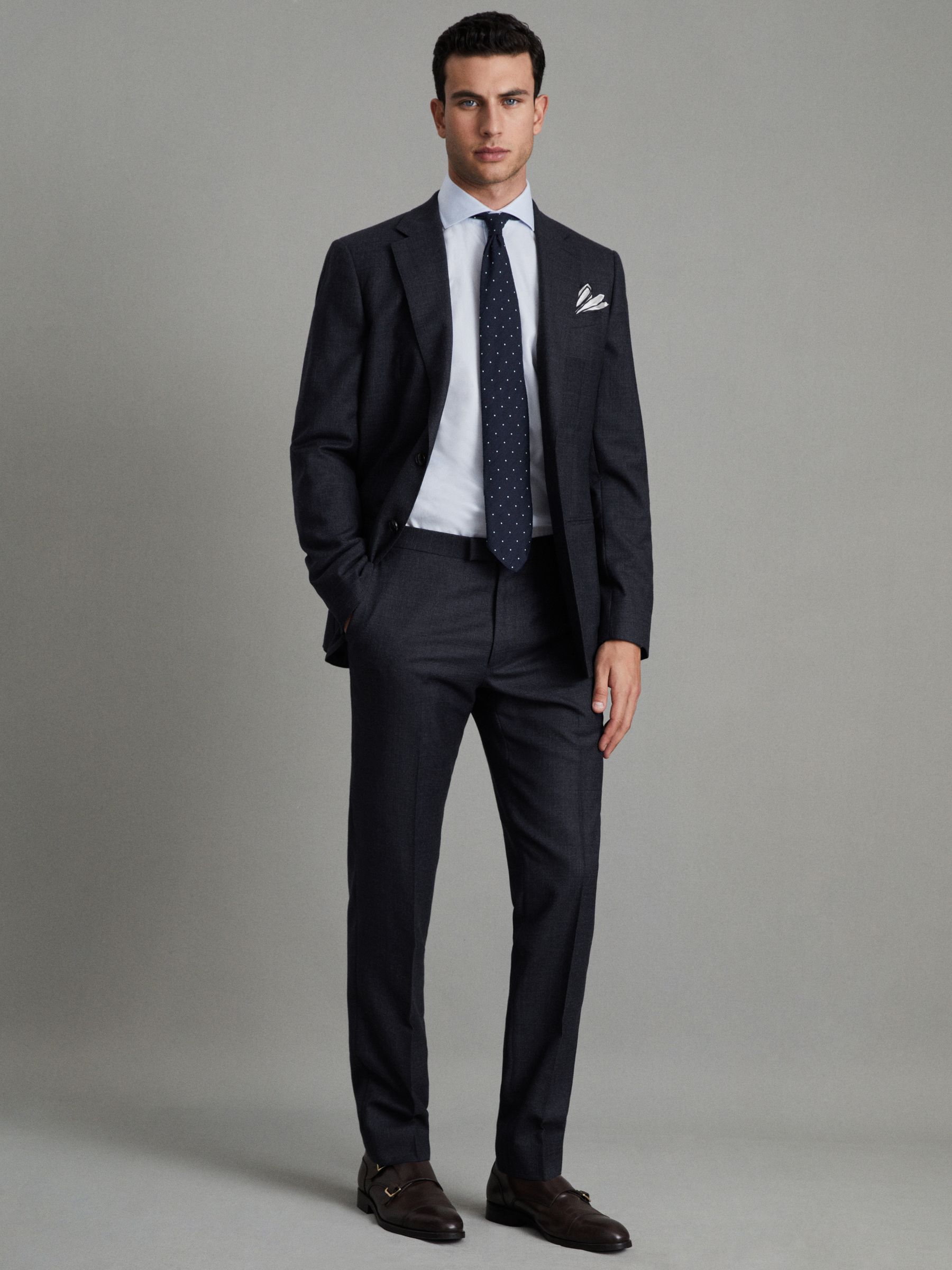 Slim Fit Wool Textured Trousers in Navy - Image 3 of 7