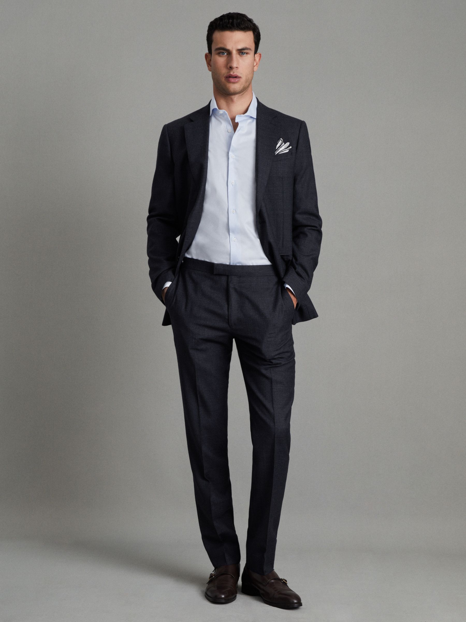 Slim Fit Wool Textured Trousers in Navy - Image 7 of 7