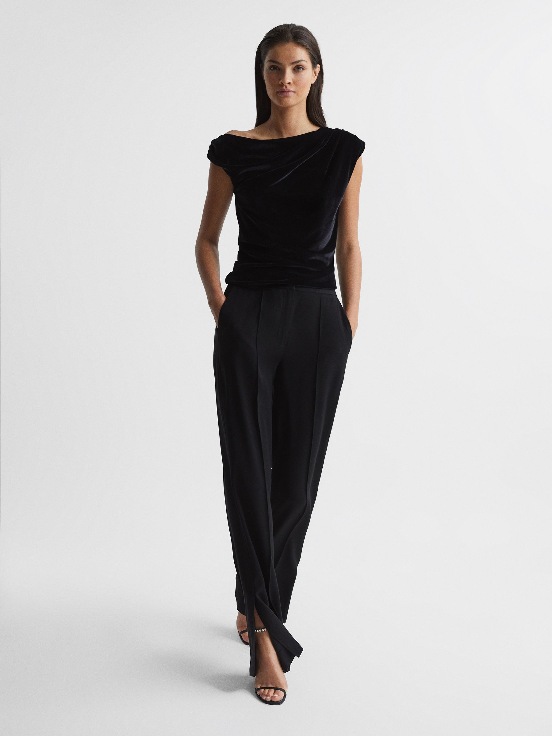 Velvet Short Sleeve Drape Top in Black - Image 3 of 6