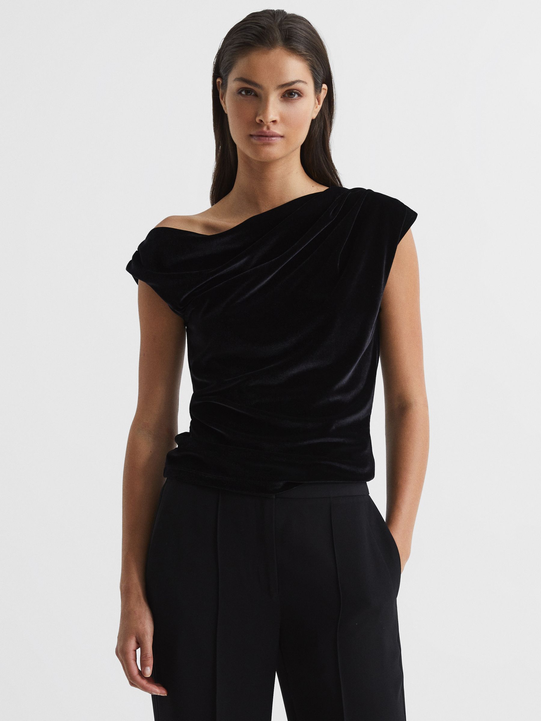 Velvet Short Sleeve Drape Top in Black - Image 4 of 6