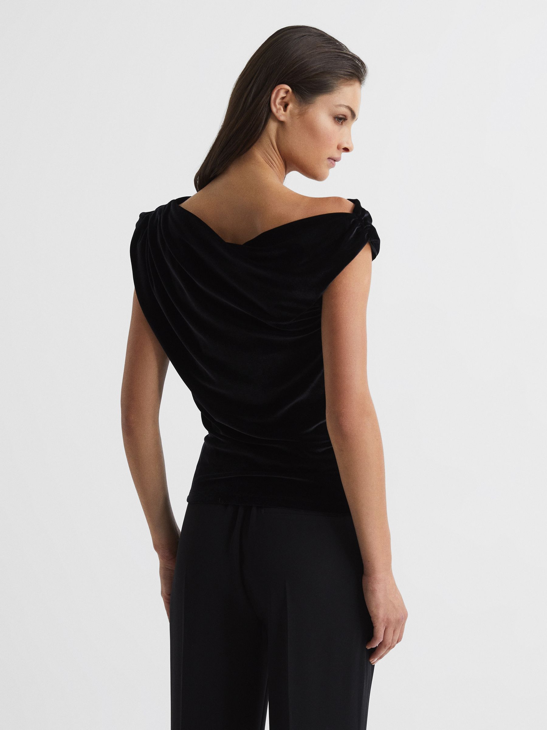 Velvet Short Sleeve Drape Top in Black - Image 5 of 6