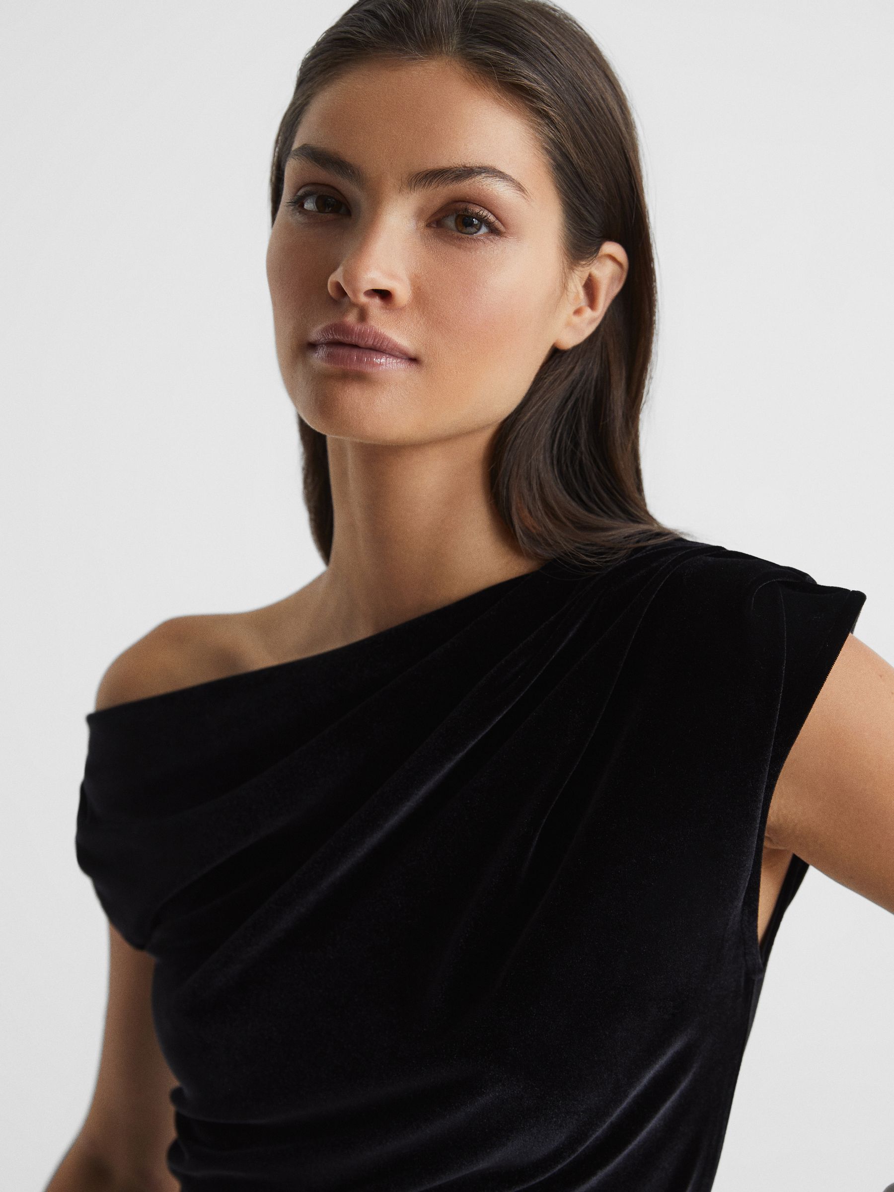 Velvet Short Sleeve Drape Top in Black - Image 6 of 6