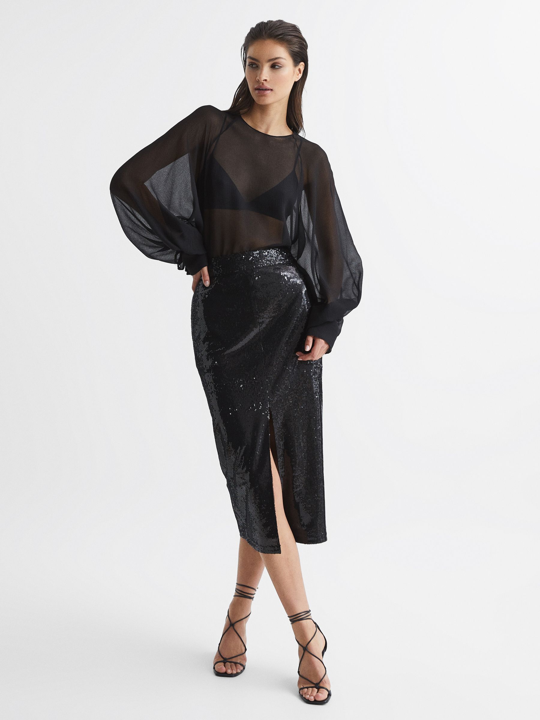 Sequin Pencil Skirt in Black - Image 3 of 6