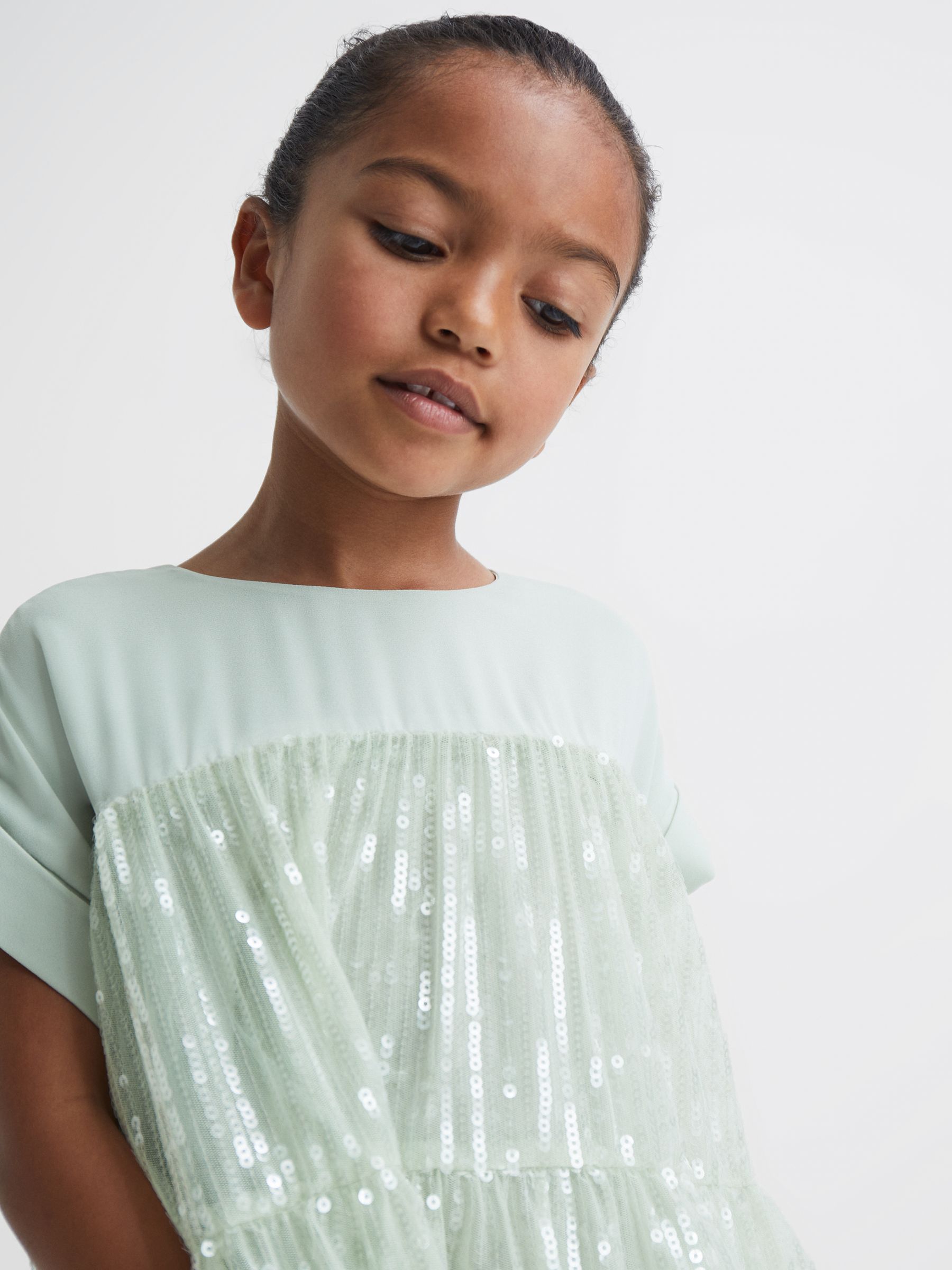 9-12 yrs Sequin Tiered Dress in Sage - Image 4 of 6