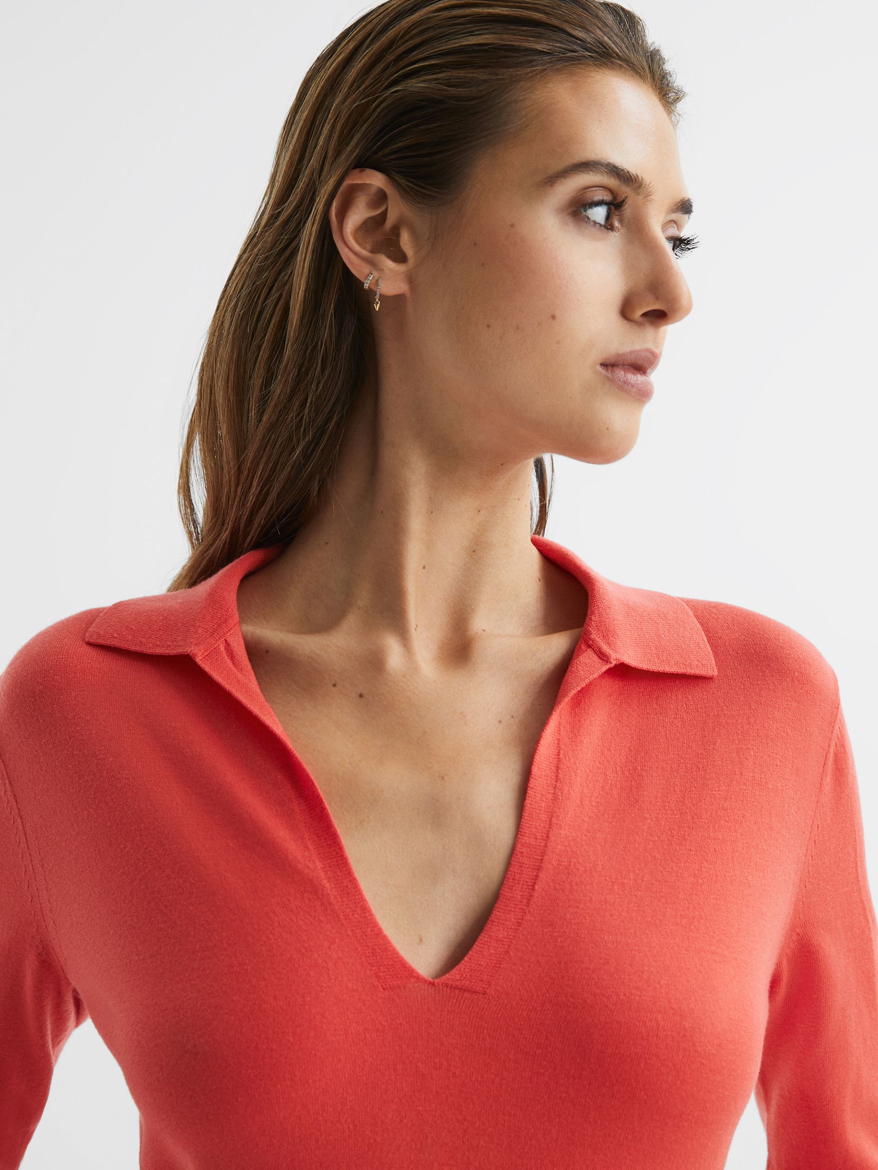 Knitted Collared V-Neck Top in Coral - Image 1 of 5
