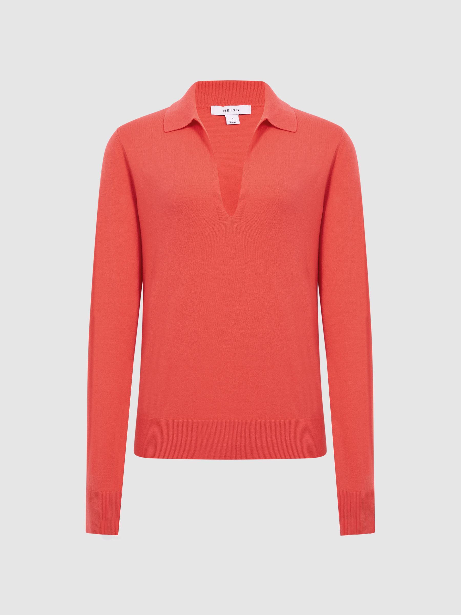 Knitted Collared V-Neck Top in Coral - Image 2 of 5