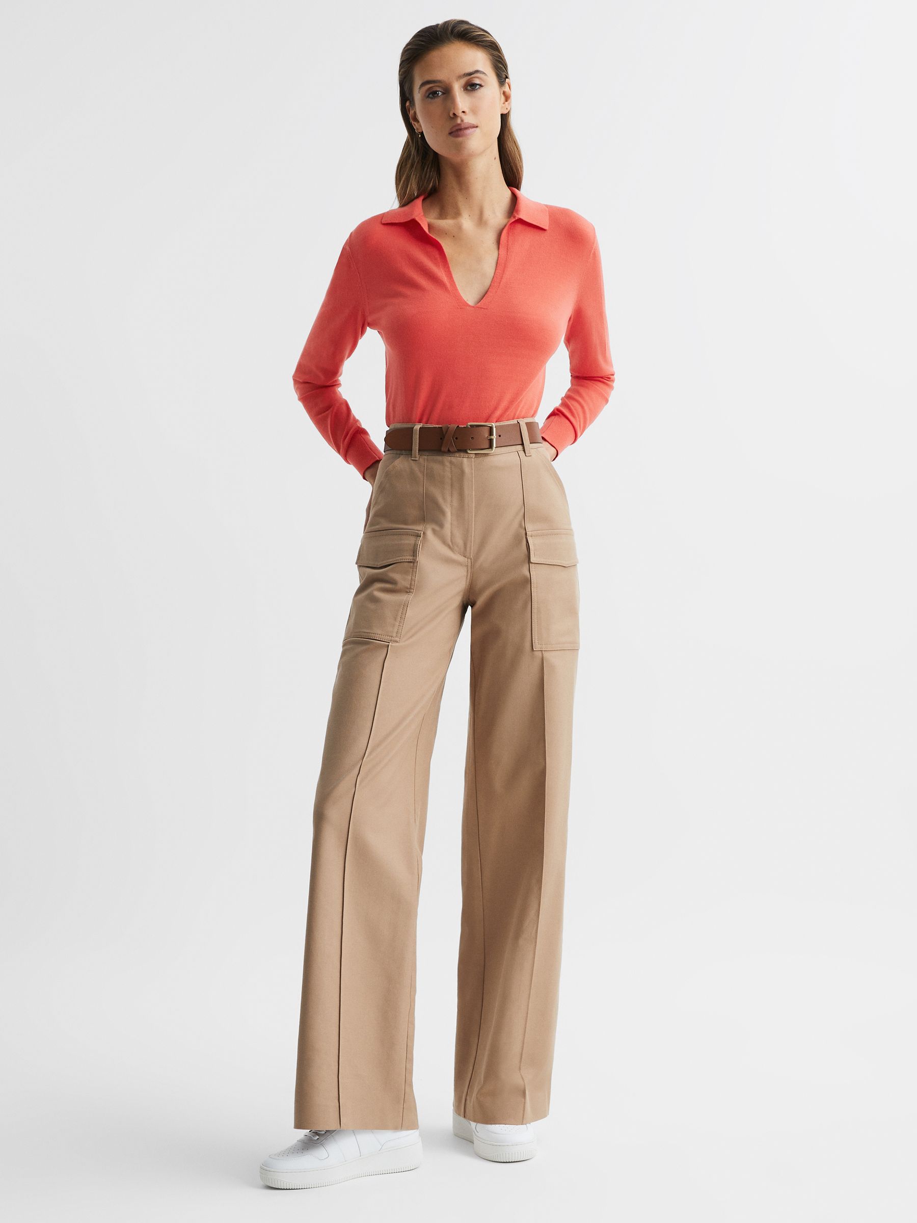 Knitted Collared V-Neck Top in Coral - Image 3 of 5