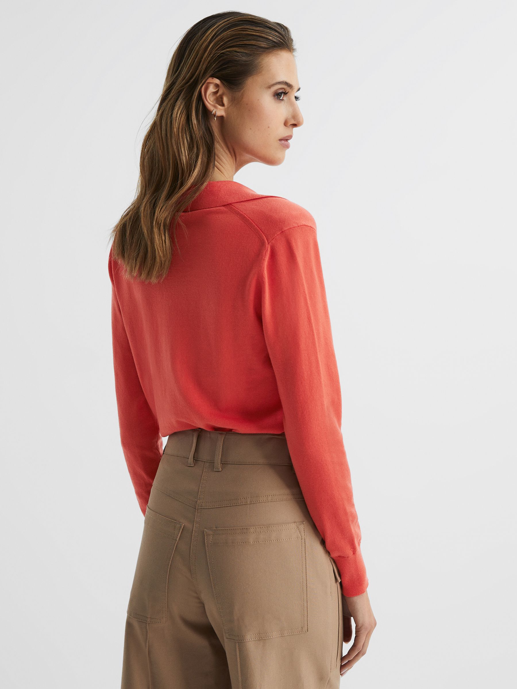 Knitted Collared V-Neck Top in Coral - Image 4 of 5