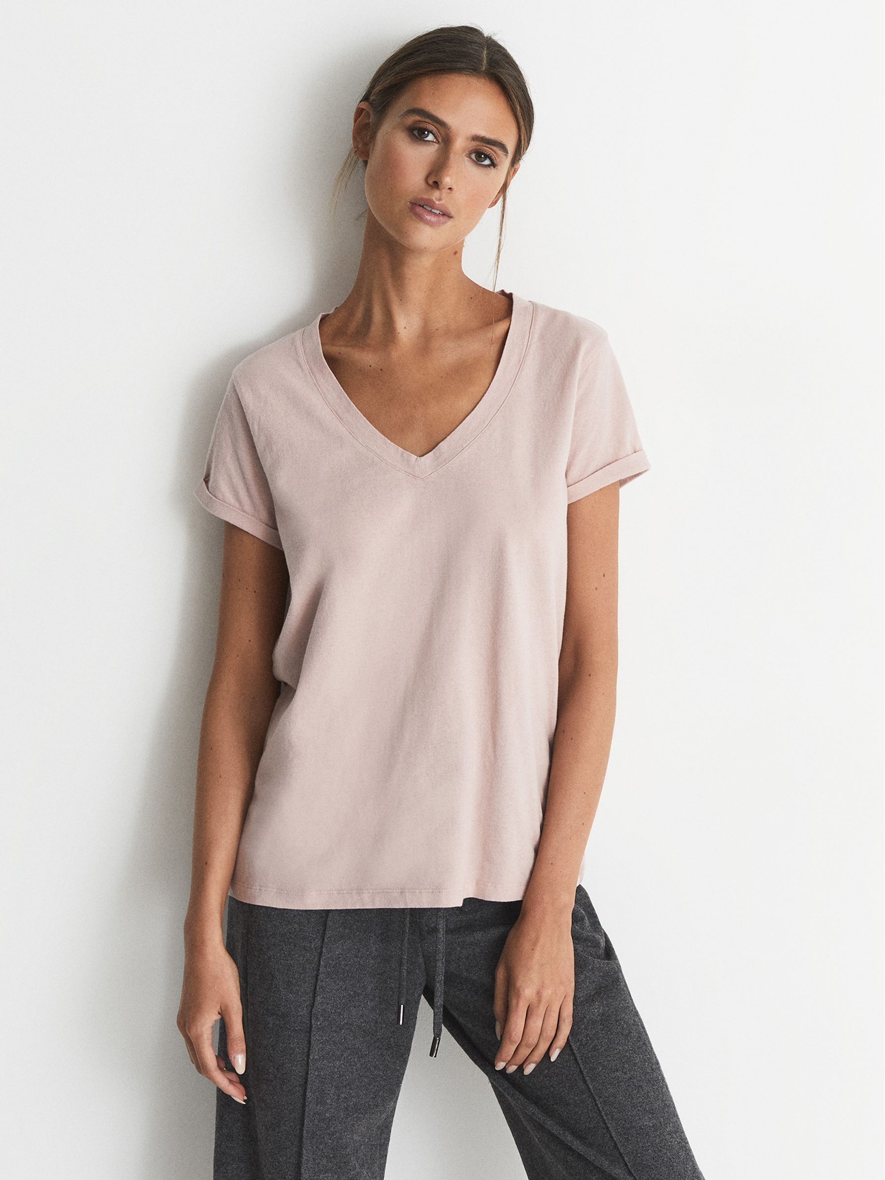 Cotton-Jersey V-Neck T-Shirt in Light Pink - Image 4 of 6
