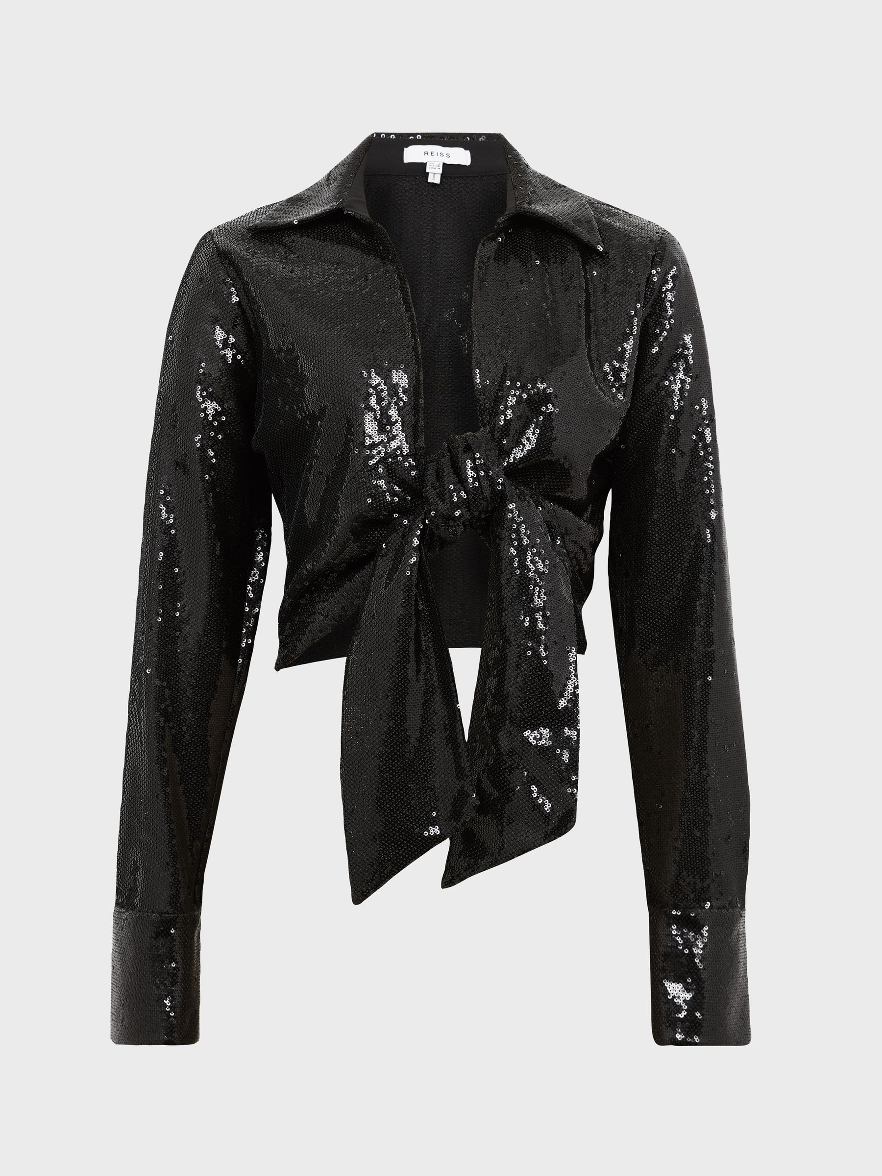 Tie Front Sequin Top in Black - Image 2 of 7