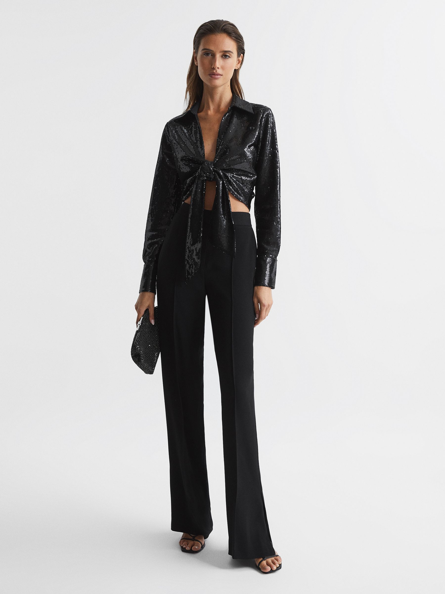Tie Front Sequin Top in Black - Image 3 of 7
