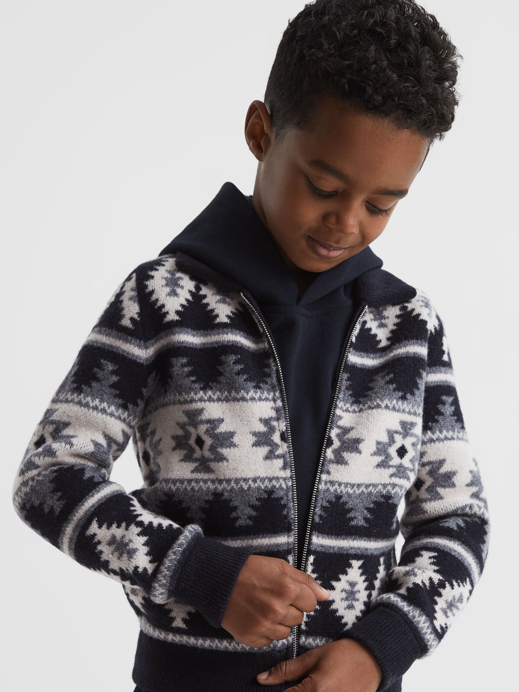 Navajo Print Zip-Through Jumper in Navy - 圖片 1/5