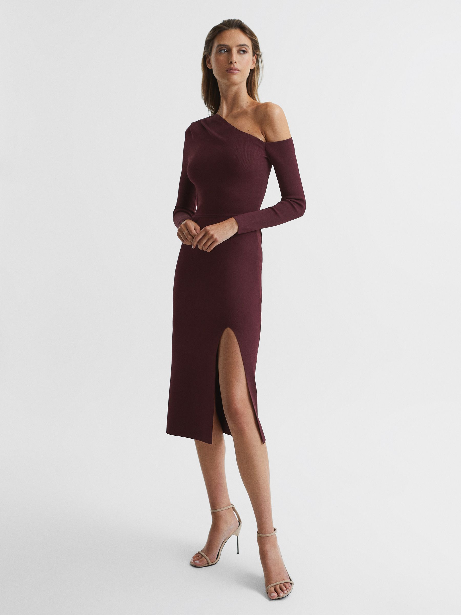 Knitted Bodycon Midi Dress in Burgundy - Image 1 of 6