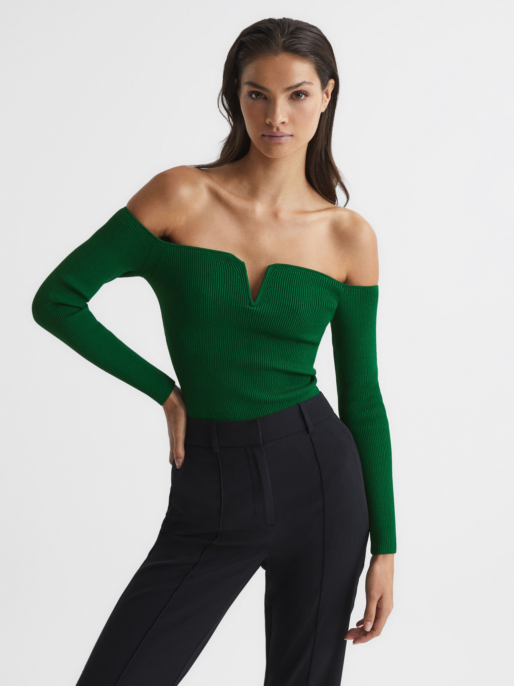 Sweetheart Neckline Ribbed Top in Green - Image 1 of 6