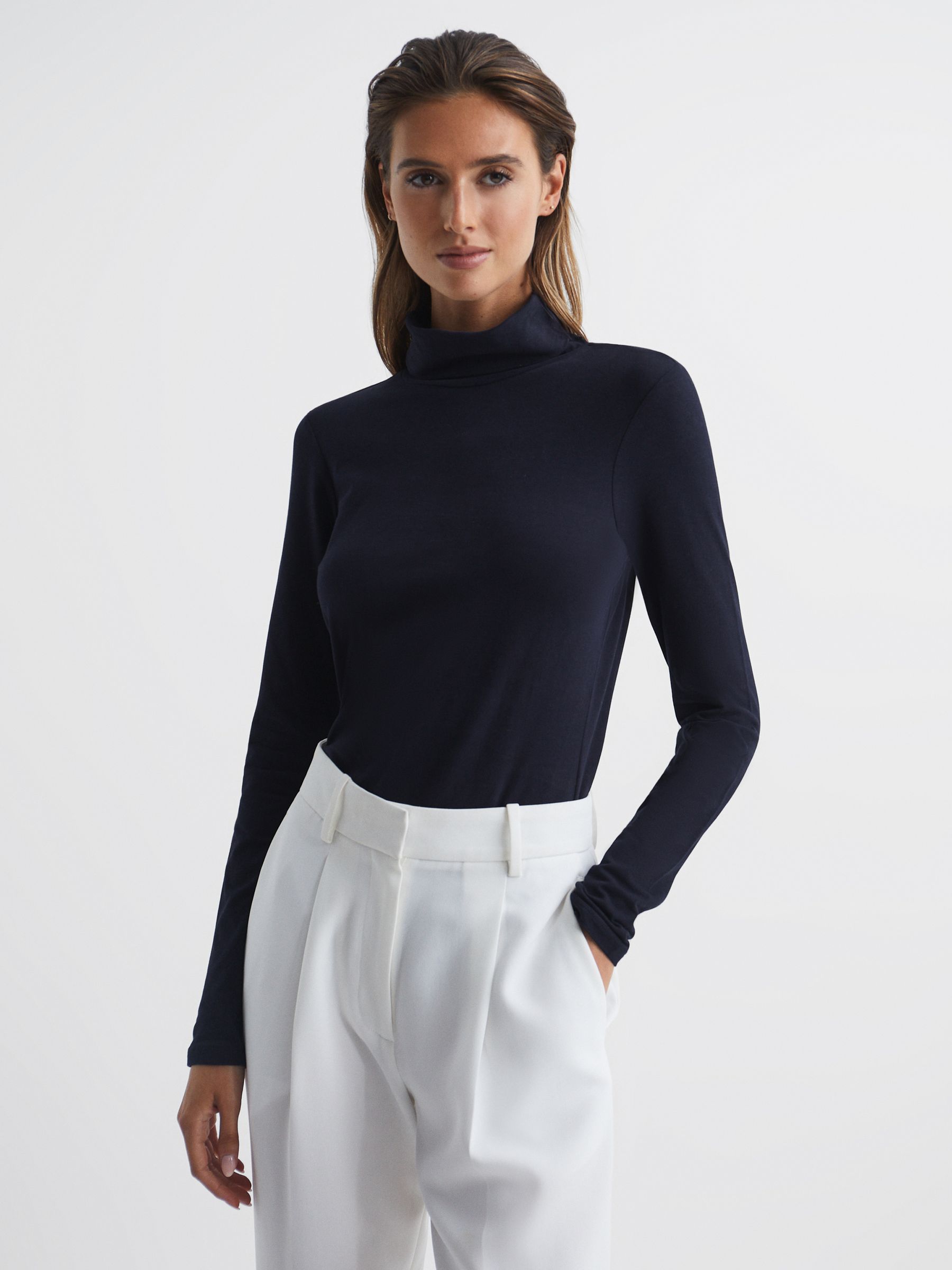 Jersey Rollneck Top in Navy - Image 1 of 7