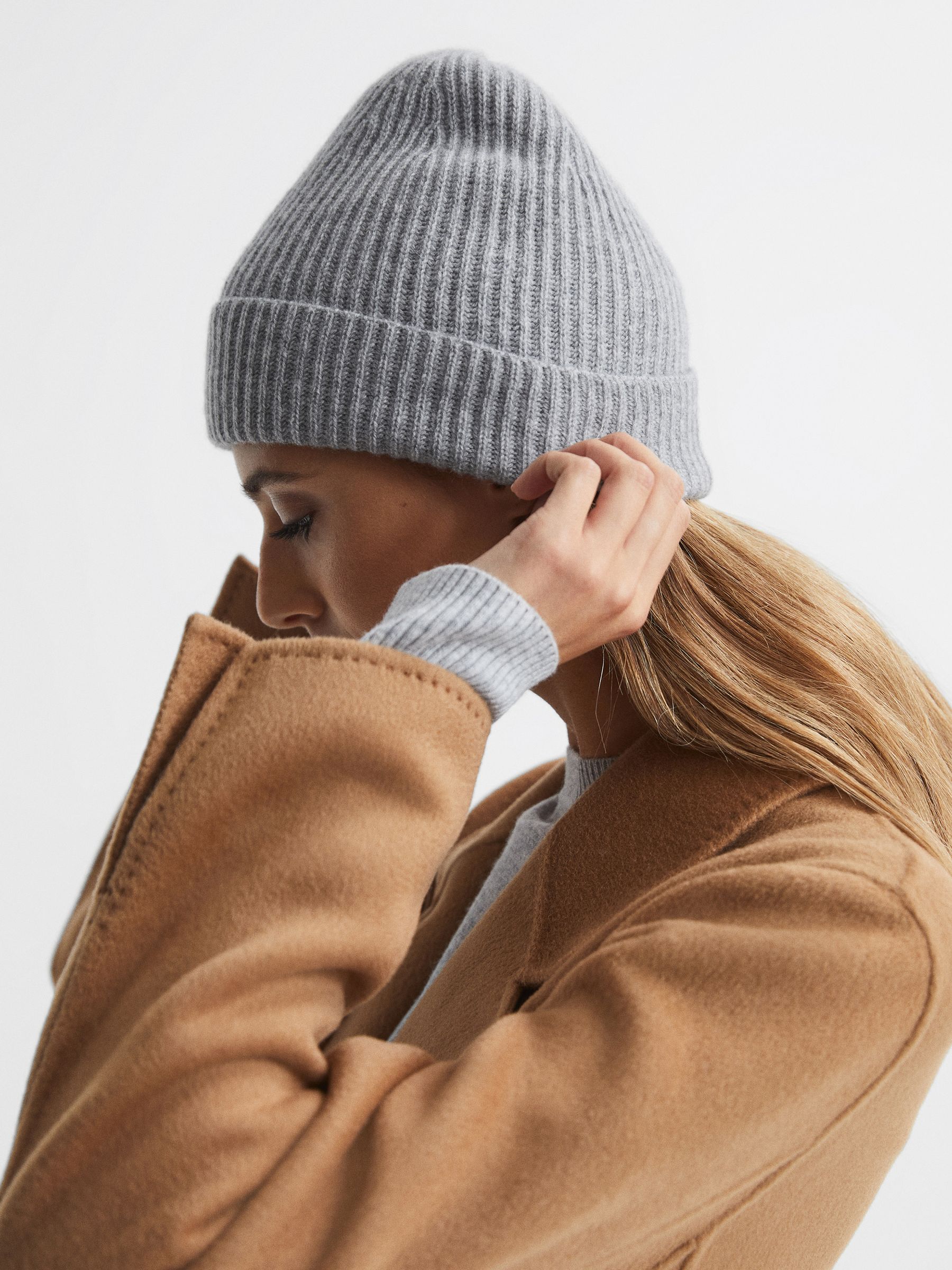 Cashmere Ribbed Beanie Hat in Soft Grey - Image 3 of 4