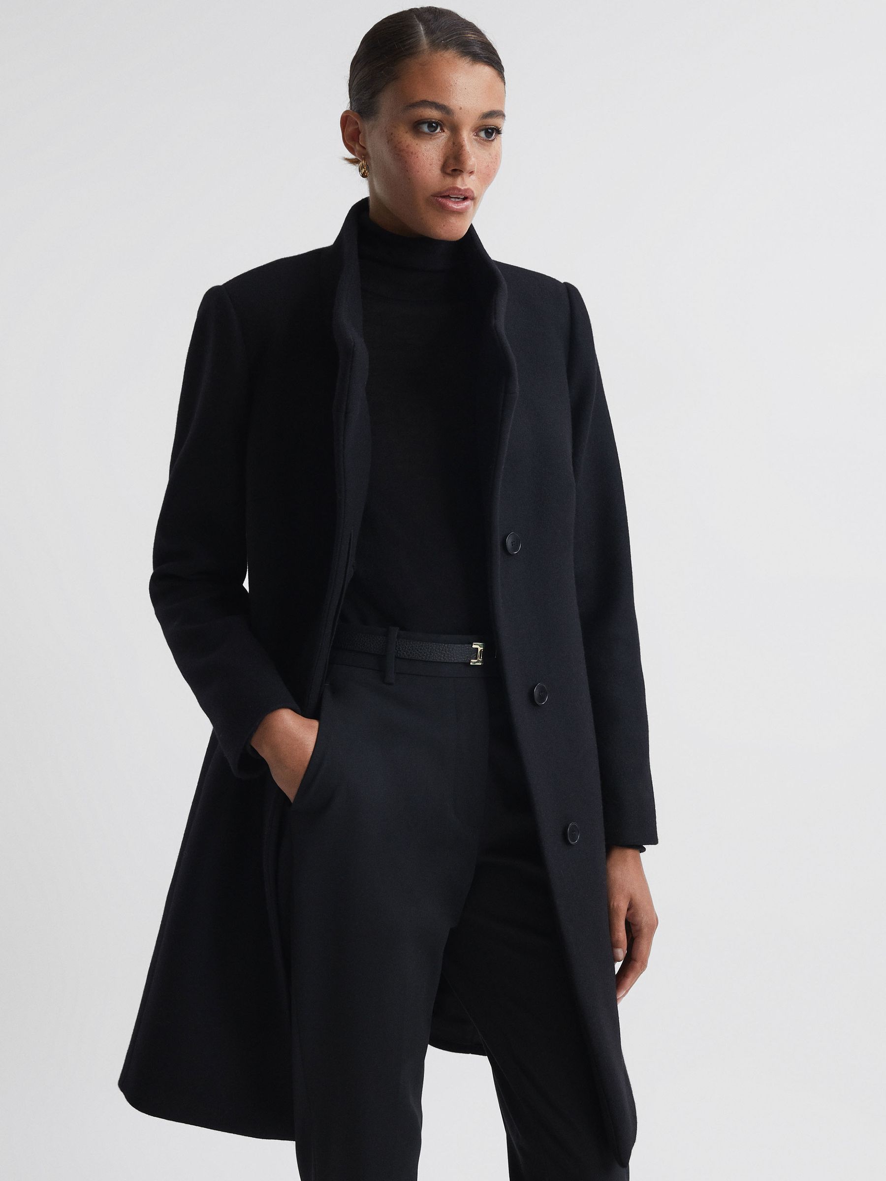 Wool Blend Mid-Length Coat in Black - Image 3 of 8