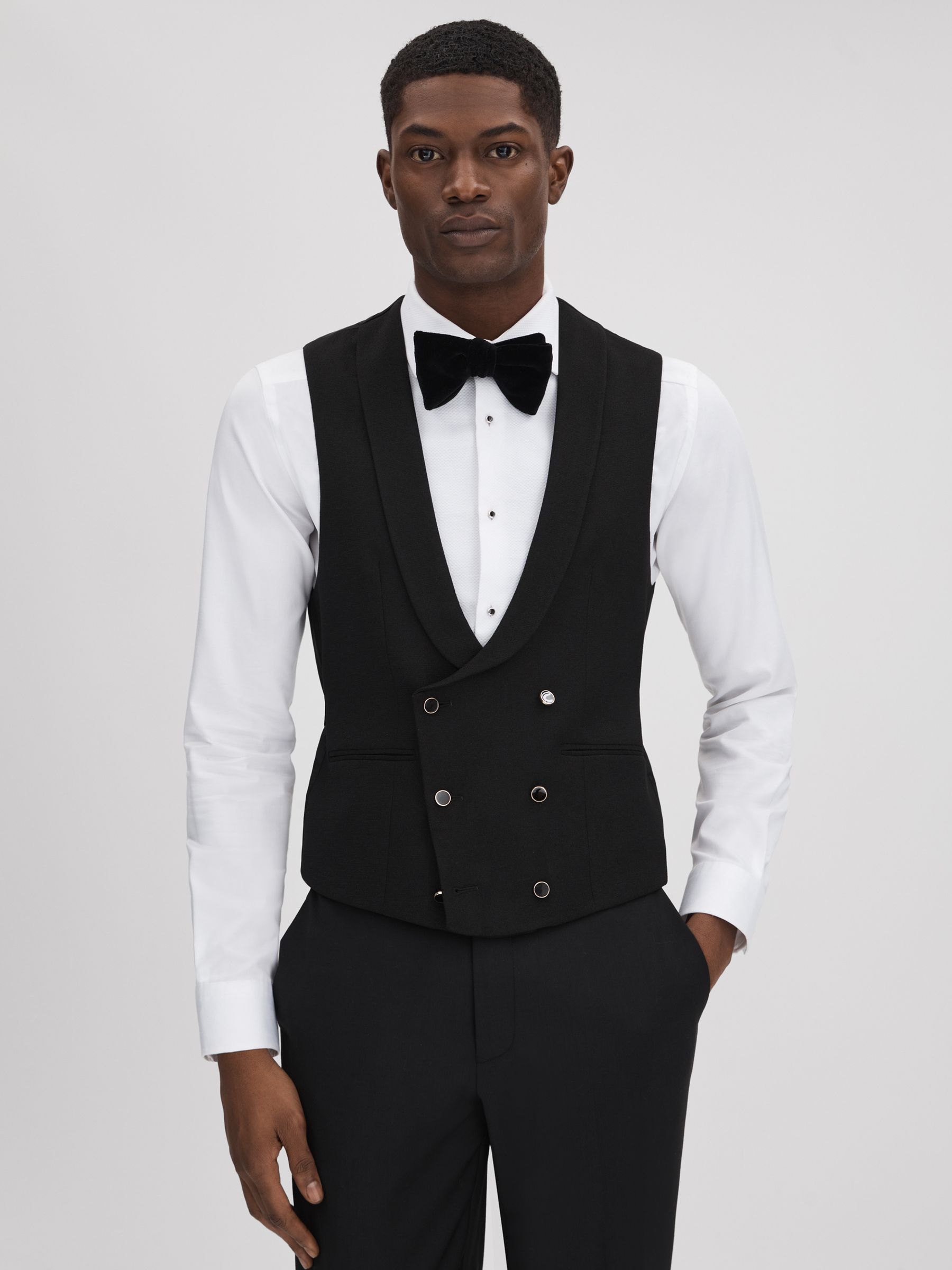 Slim Fit Double Breasted Tuxedo Waistcoat in Black - Image 1 of 7
