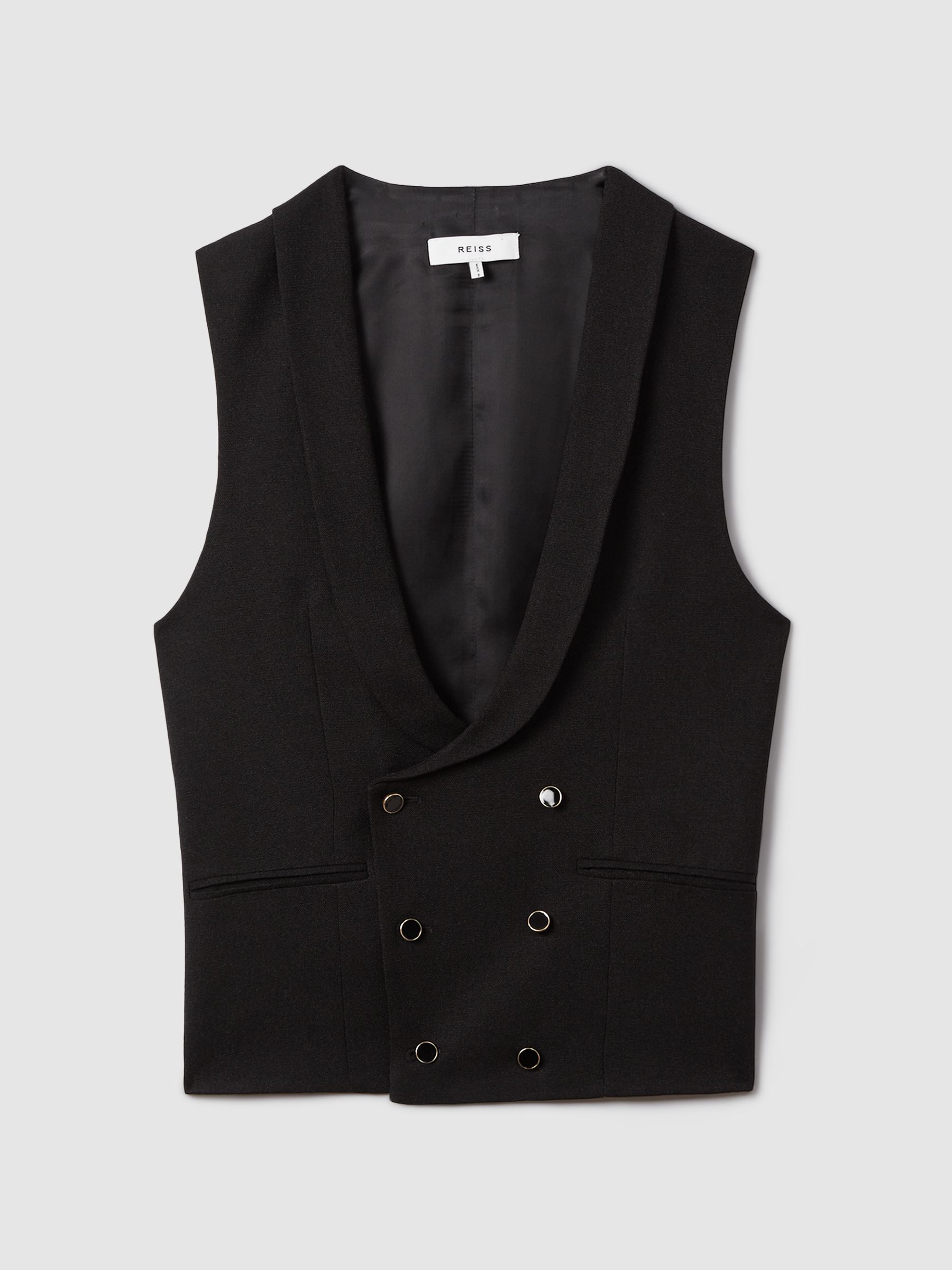 Slim Fit Double Breasted Tuxedo Waistcoat in Black - Image 2 of 7