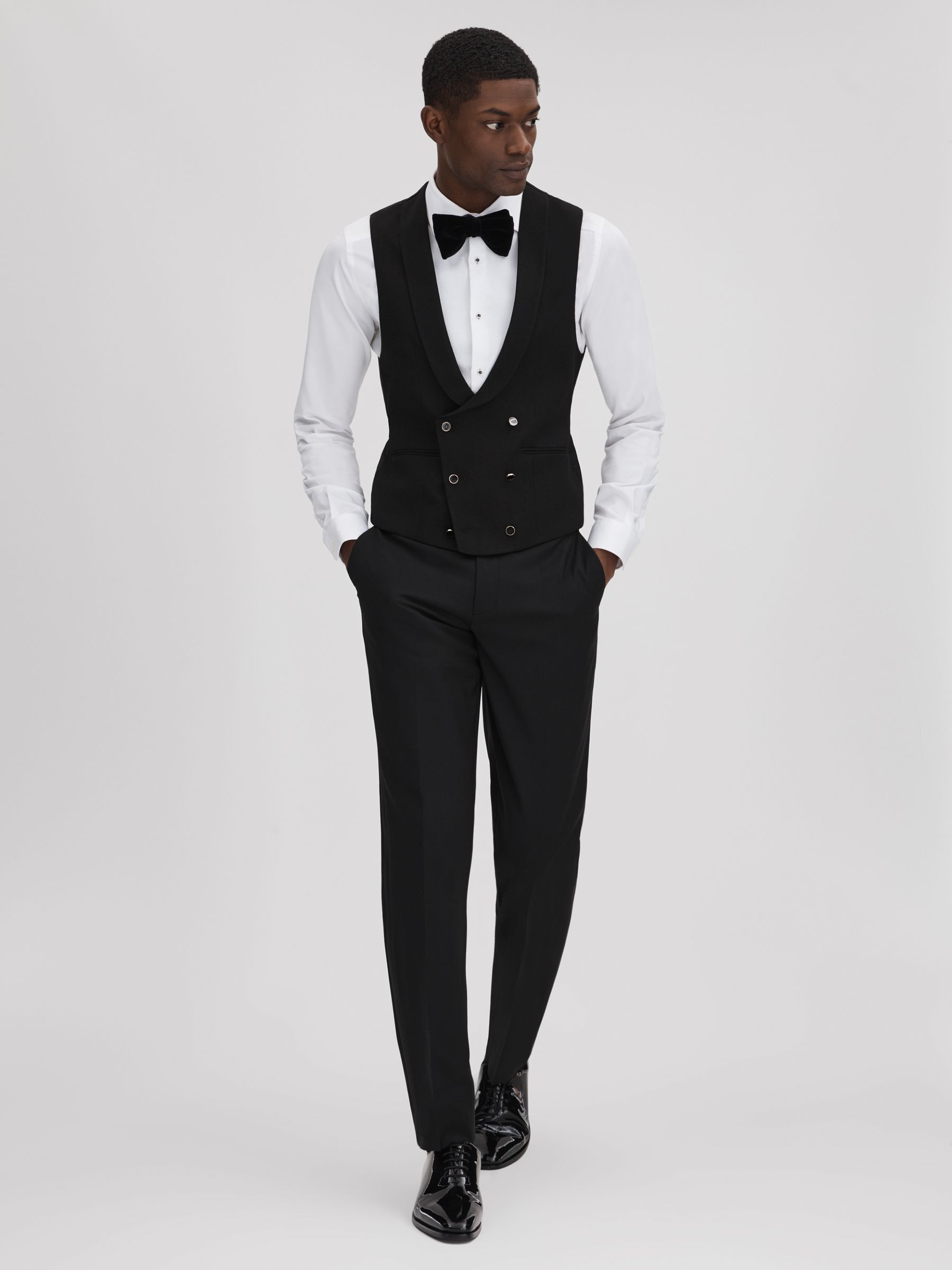 Slim Fit Double Breasted Tuxedo Waistcoat in Black - Image 3 of 7