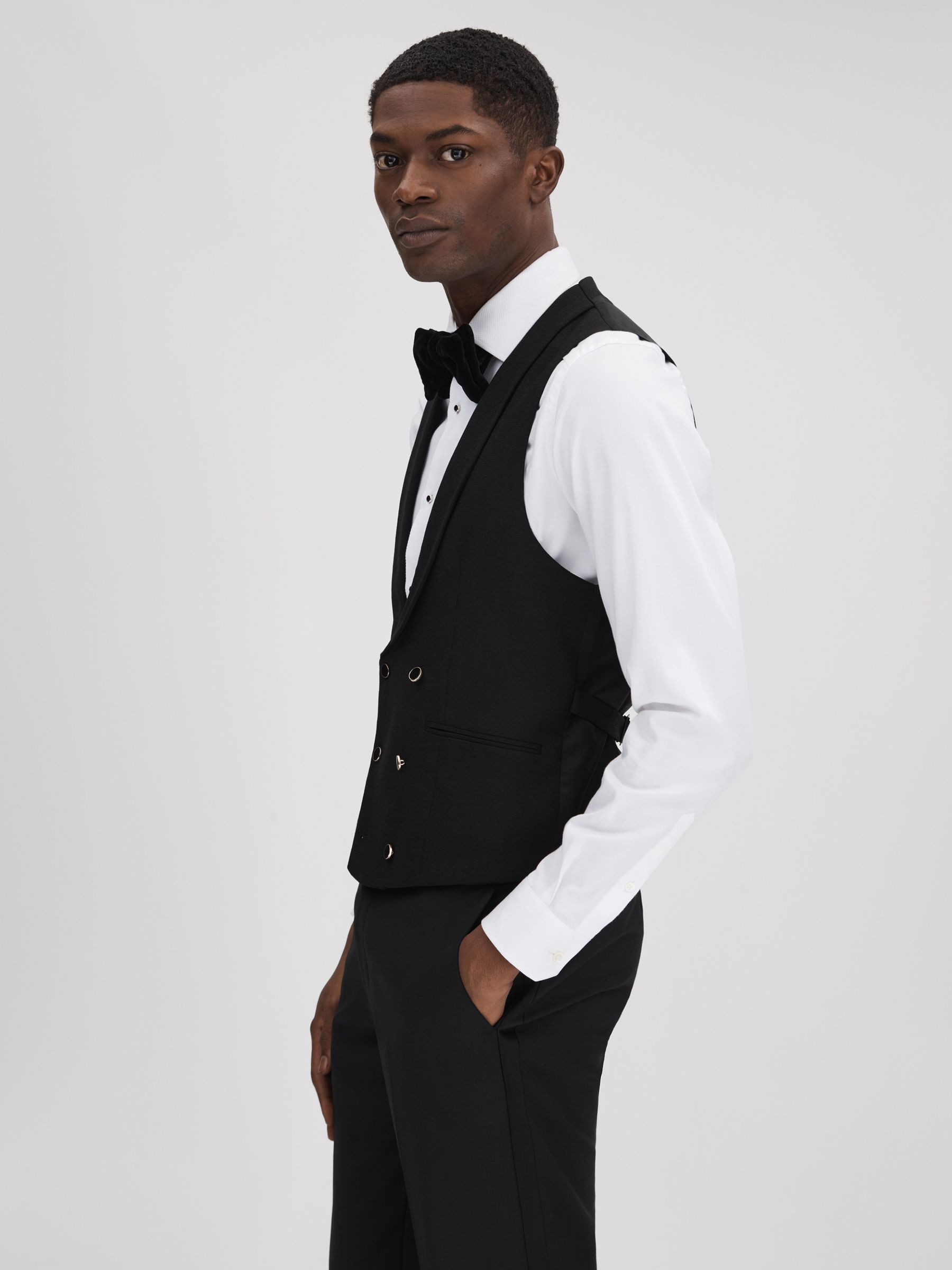 Slim Fit Double Breasted Tuxedo Waistcoat in Black - Image 5 of 7