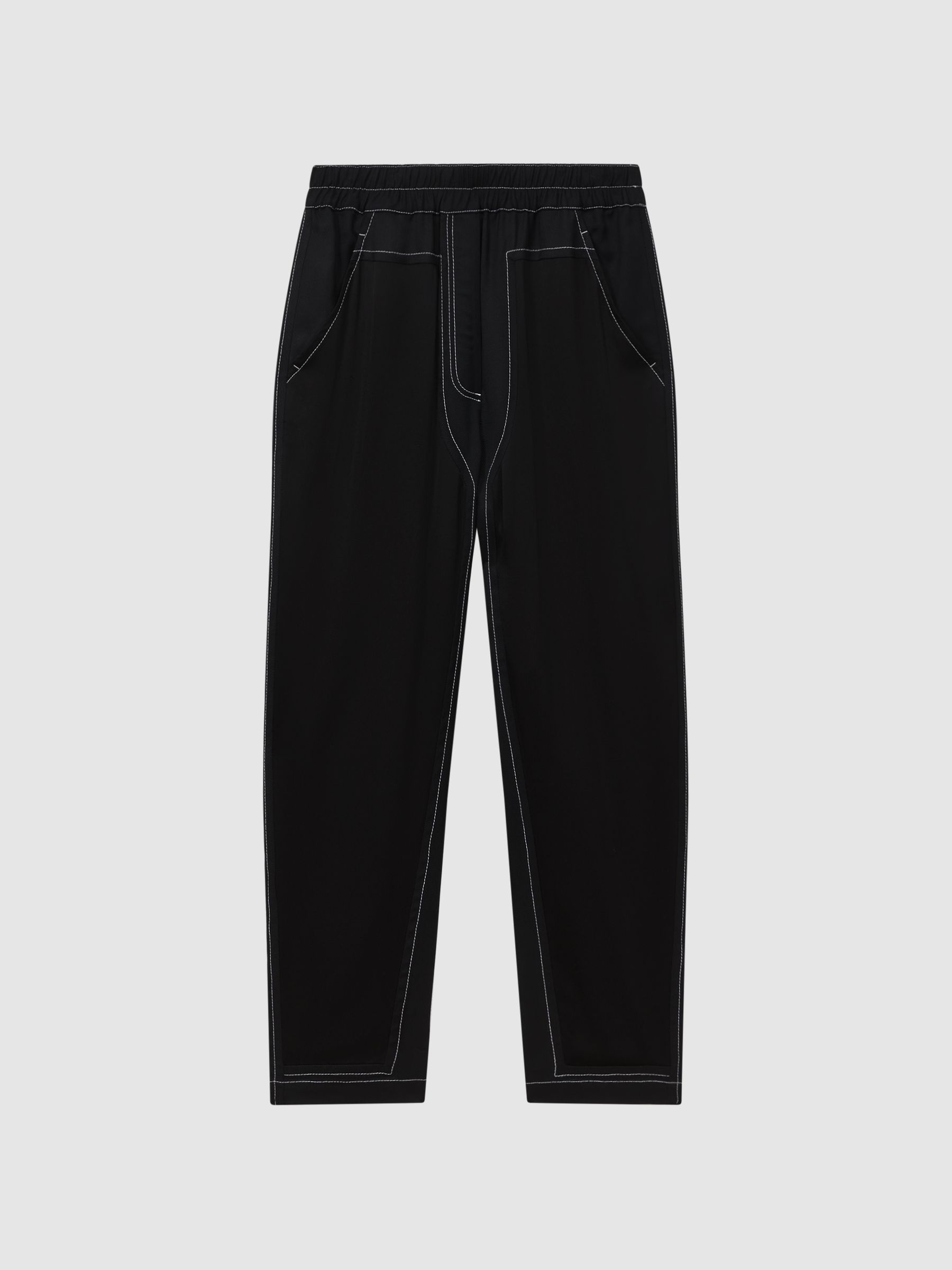 Atelier Italian Relaxed Contrast Stitch Drawstring Trousers in Black - Image 2 of 6