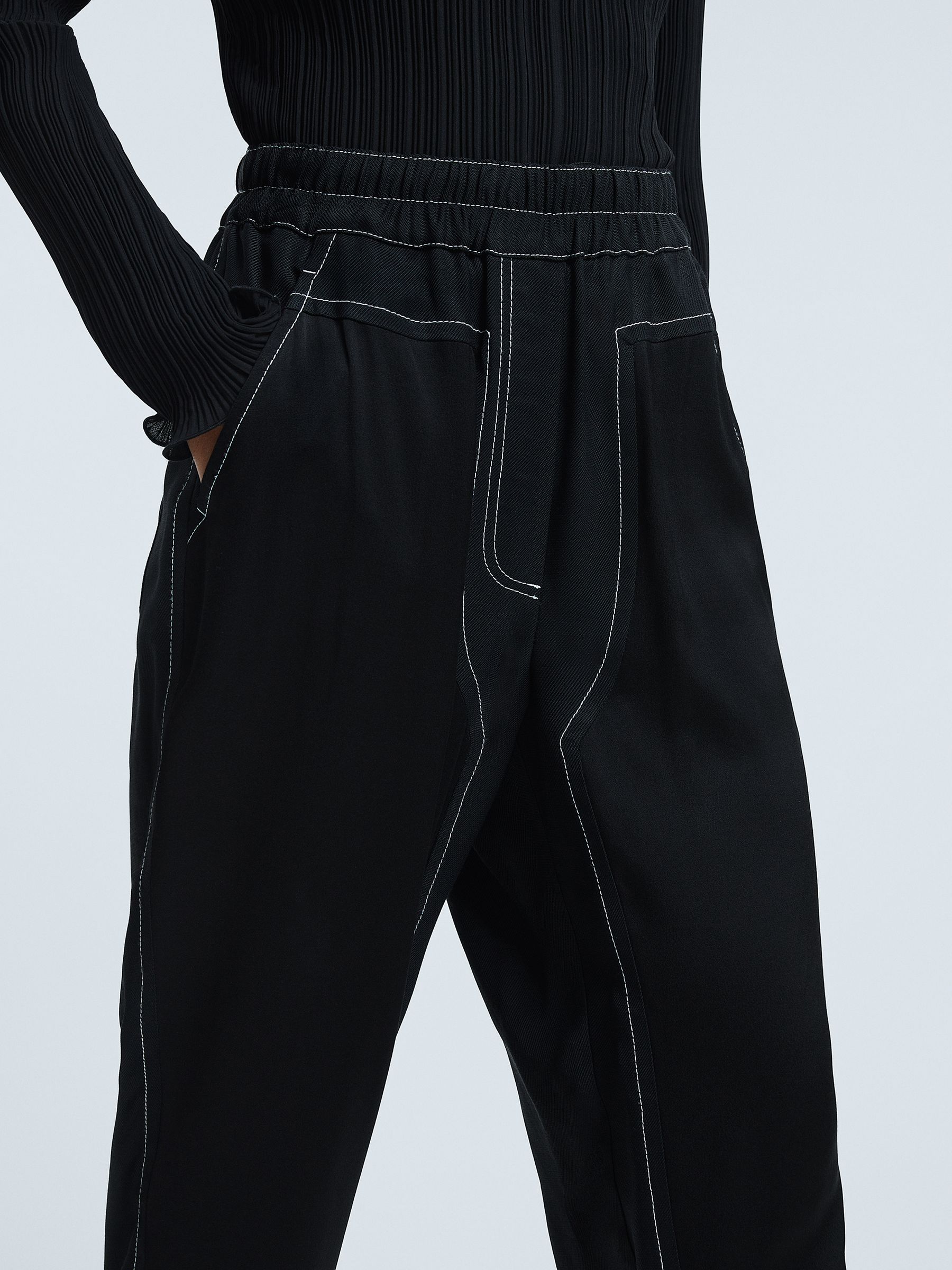 Atelier Italian Relaxed Contrast Stitch Drawstring Trousers in Black - Image 3 of 6