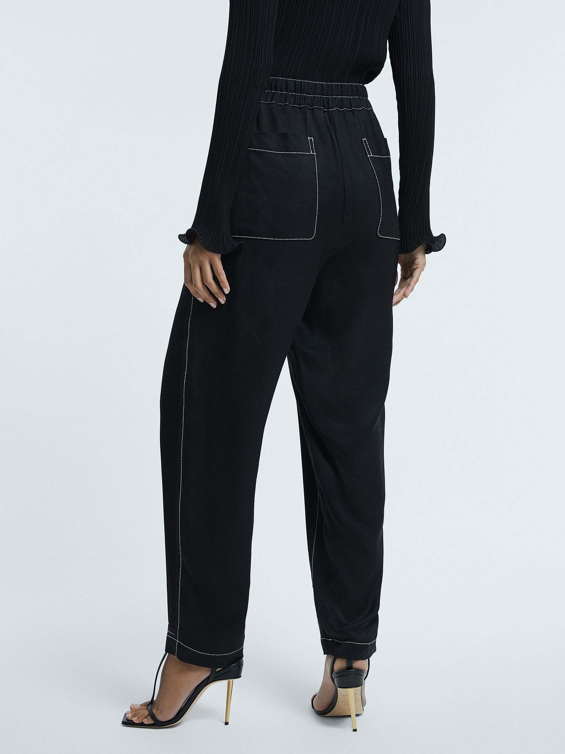 Atelier Italian Relaxed Contrast Stitch Drawstring Trousers in Black - Image 4 of 6