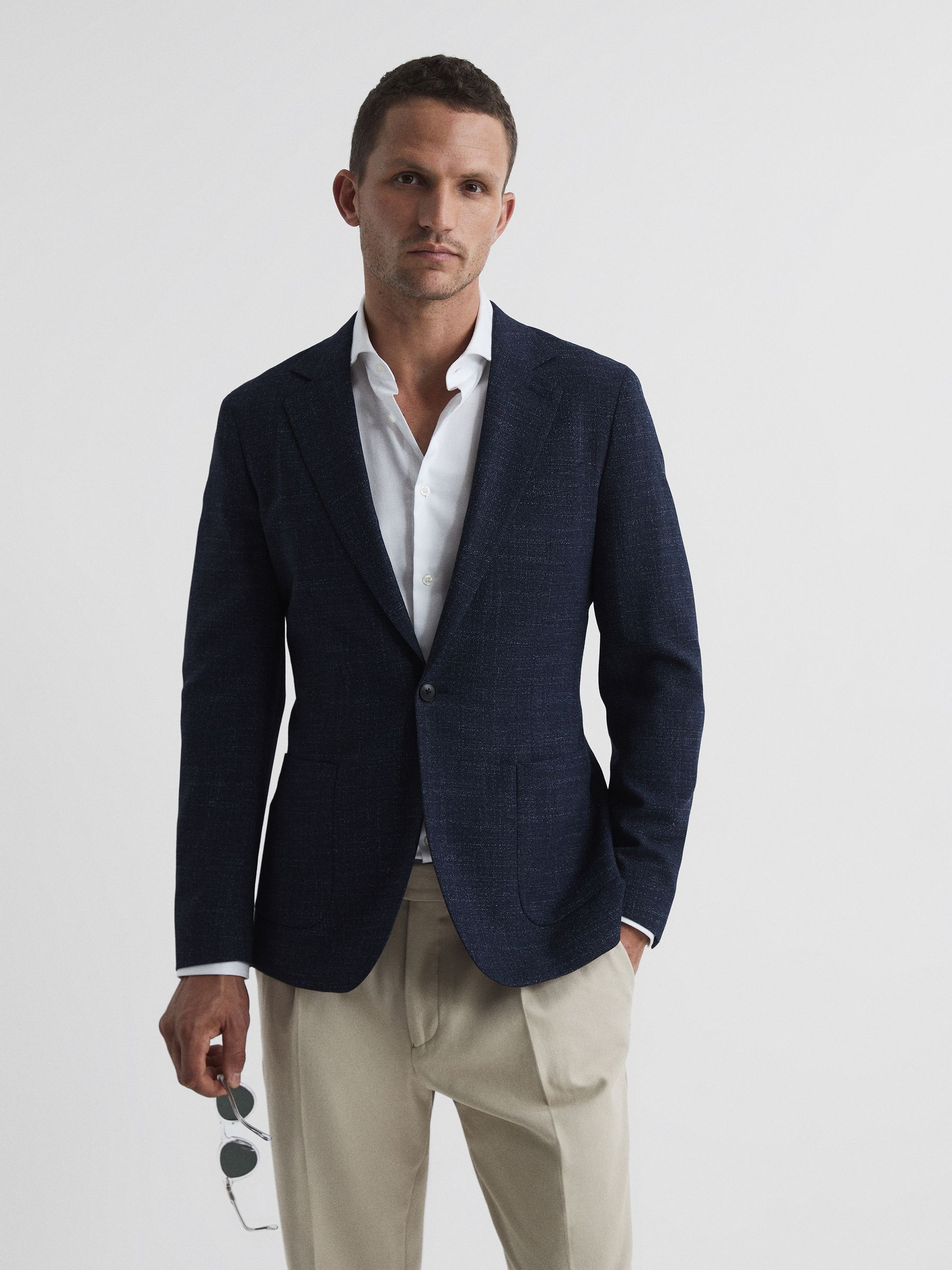 Seep Navy Single Breasted Flecked Slim Fit Blazer - Image 1 of 11