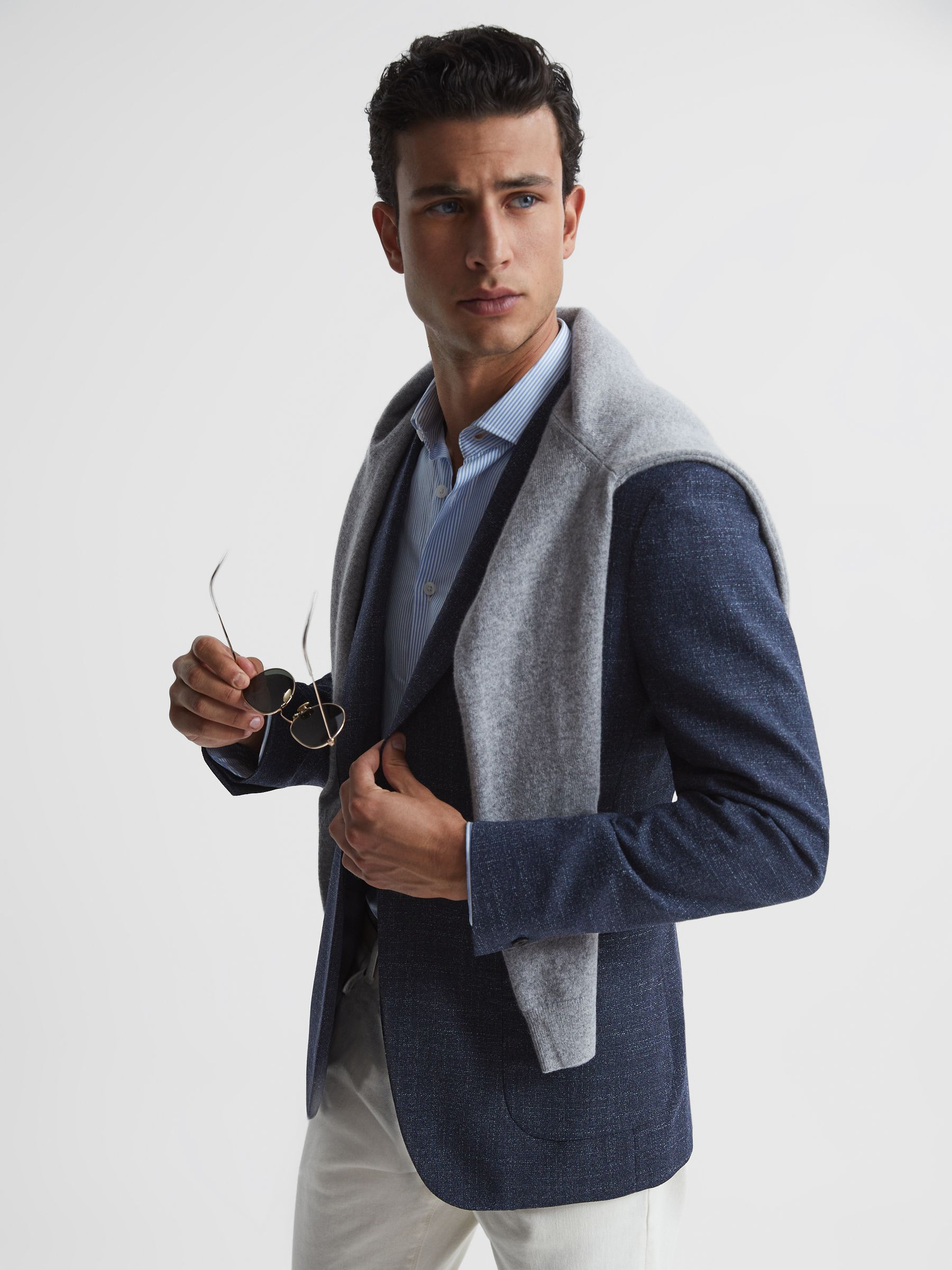 Seep Navy Single Breasted Flecked Slim Fit Blazer - Image 6 of 11