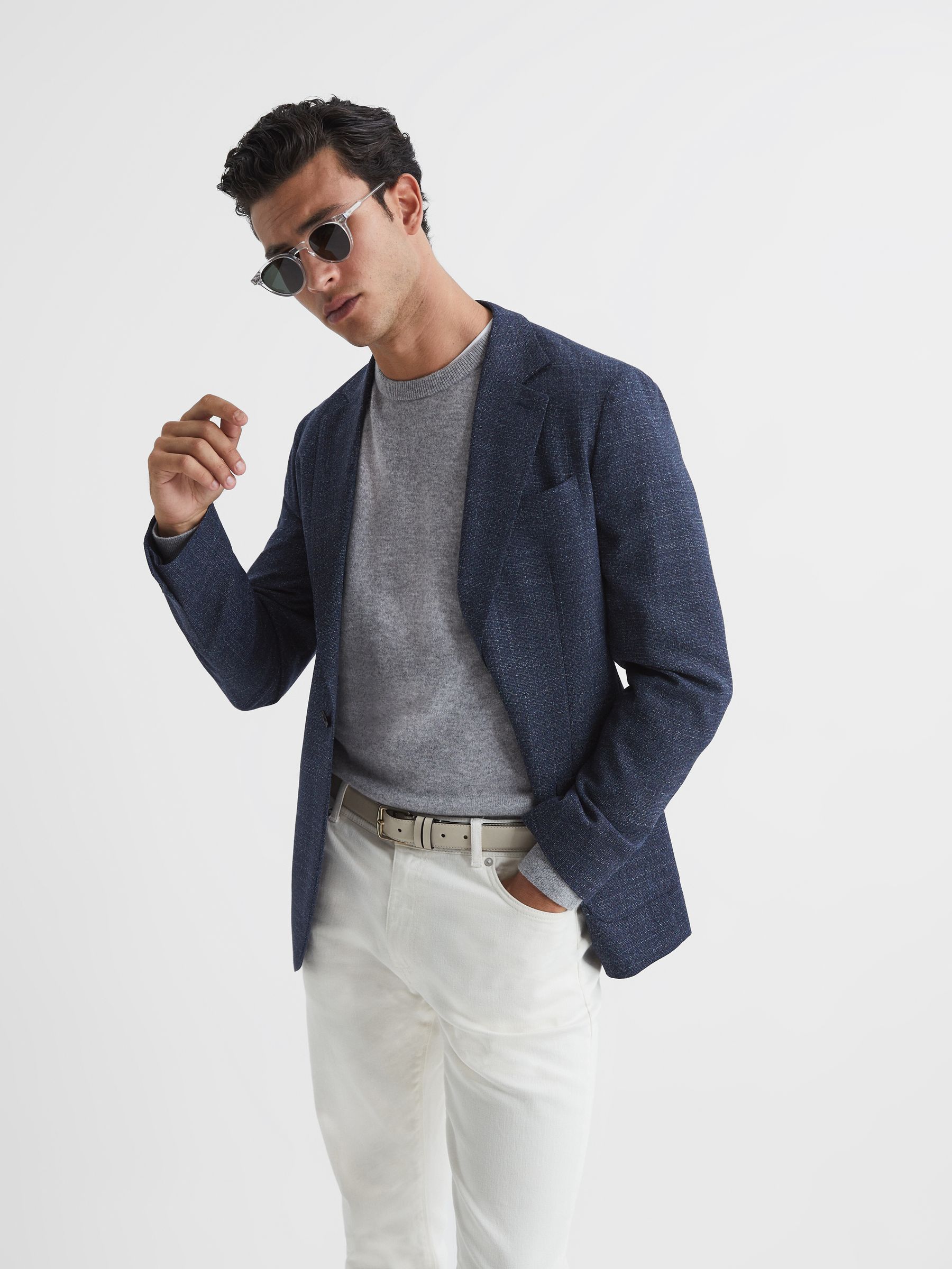 Seep Navy Single Breasted Flecked Slim Fit Blazer - Image 7 of 11