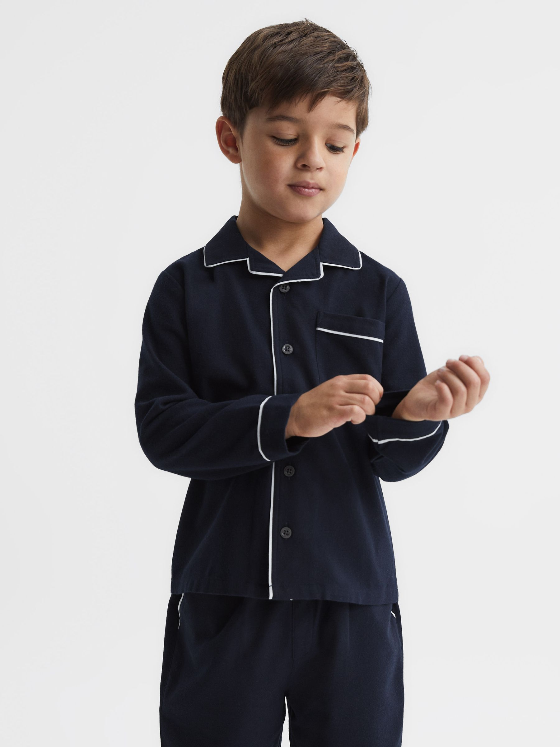 4-9 yrs Button-Through Piped Pyjama Top in Navy - Image 1 of 6