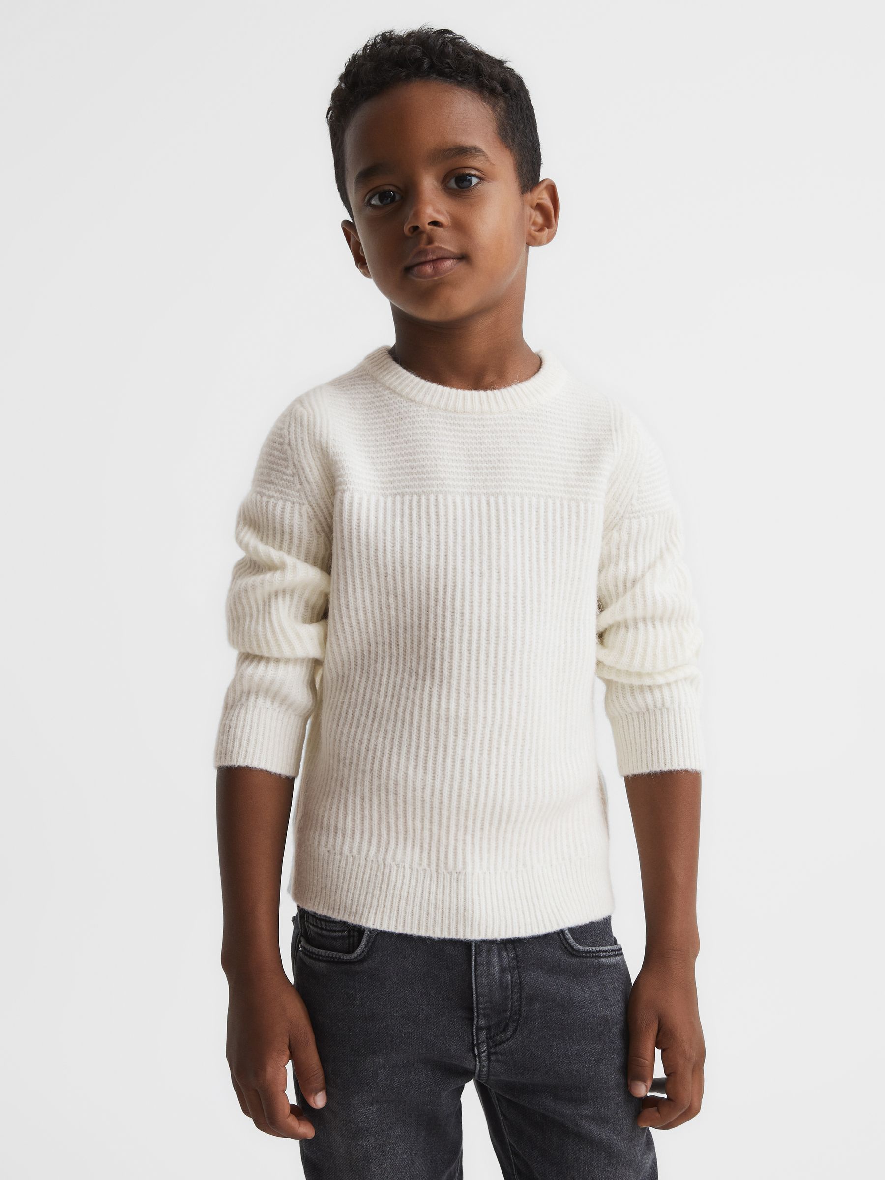 Senior Crew Neck Ribbed Wool Blend Jumper in Ecru - Image 3 of 7