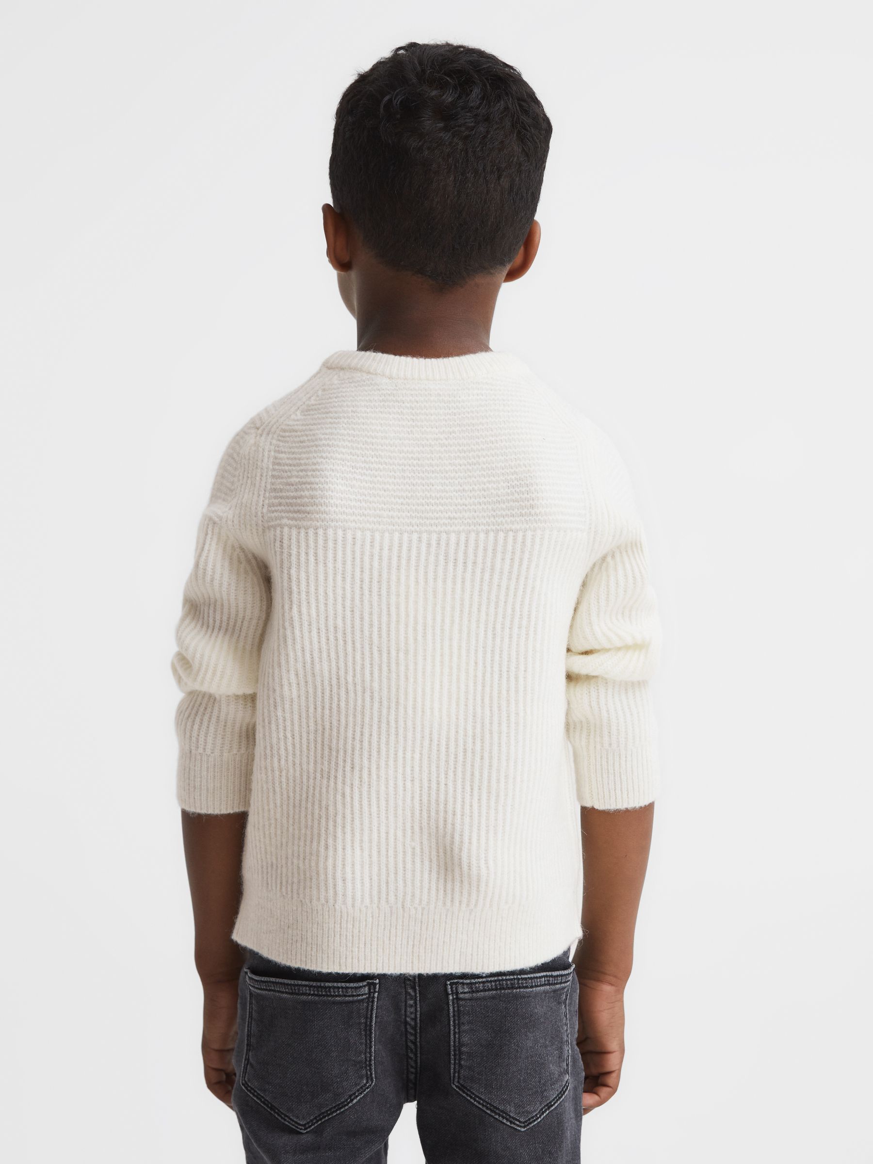 Senior Crew Neck Ribbed Wool Blend Jumper in Ecru - Image 5 of 7
