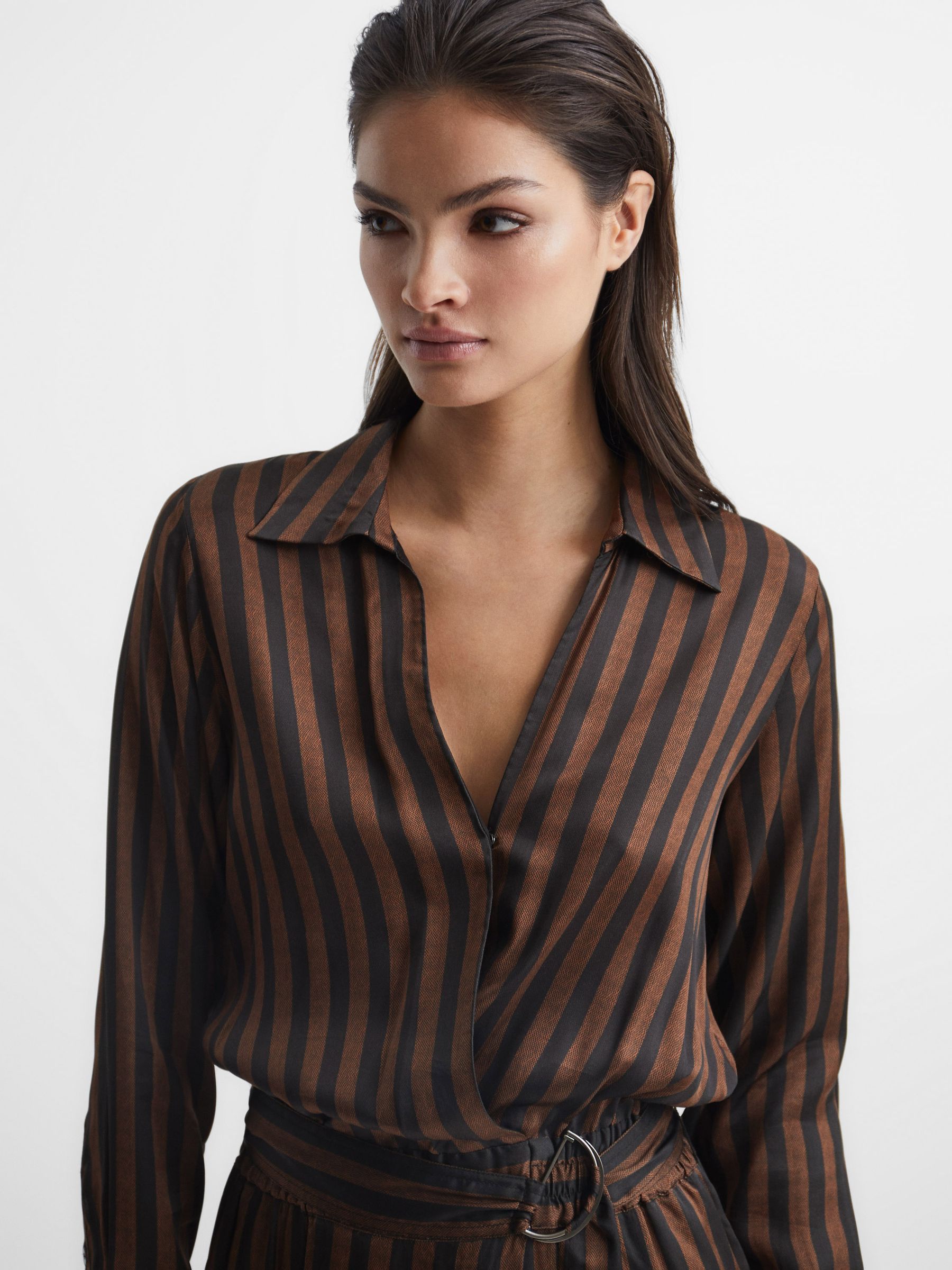 brown striped shirt dress Stripe Tie Waist Puff Sleeve Mini Shirt Dress