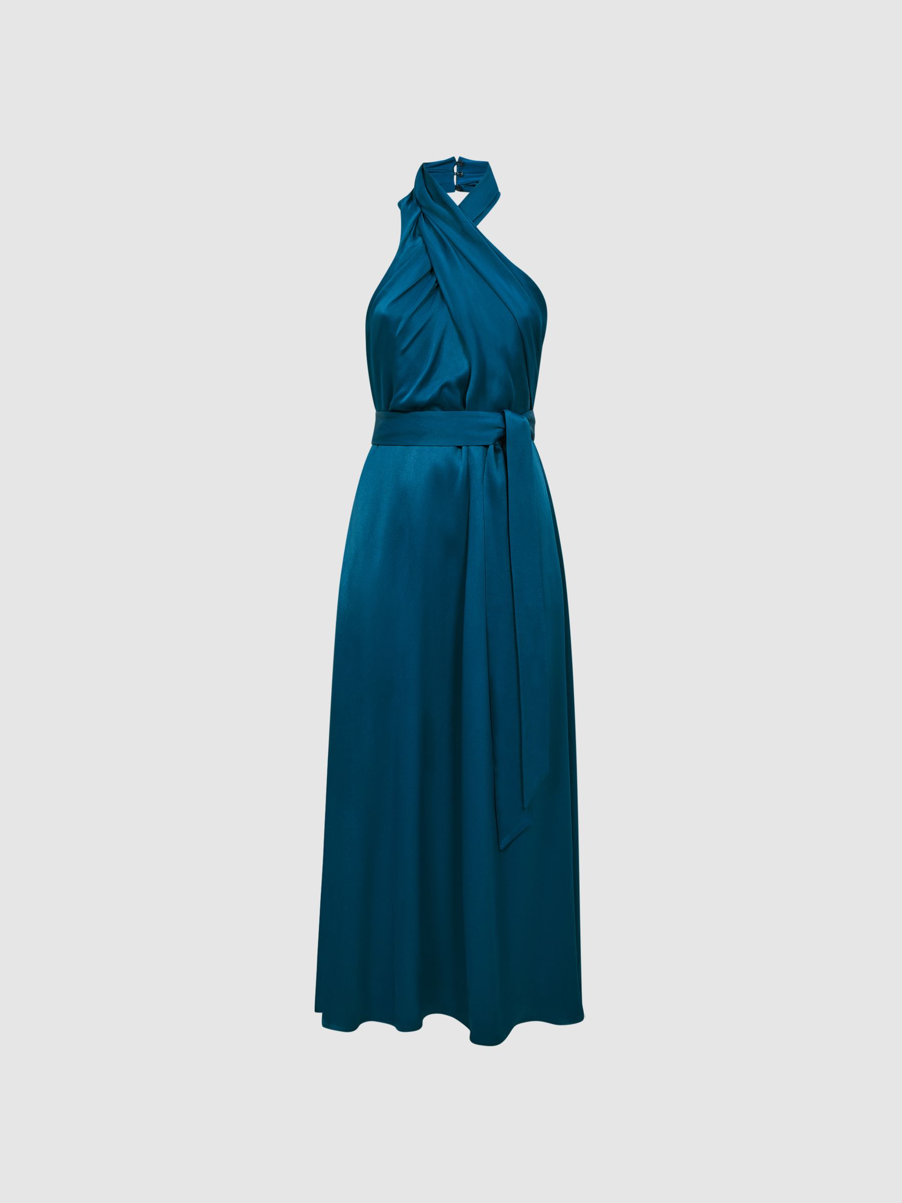 Satin Halter Neck Fitted Midi Dress in Teal - Image 2 of 5