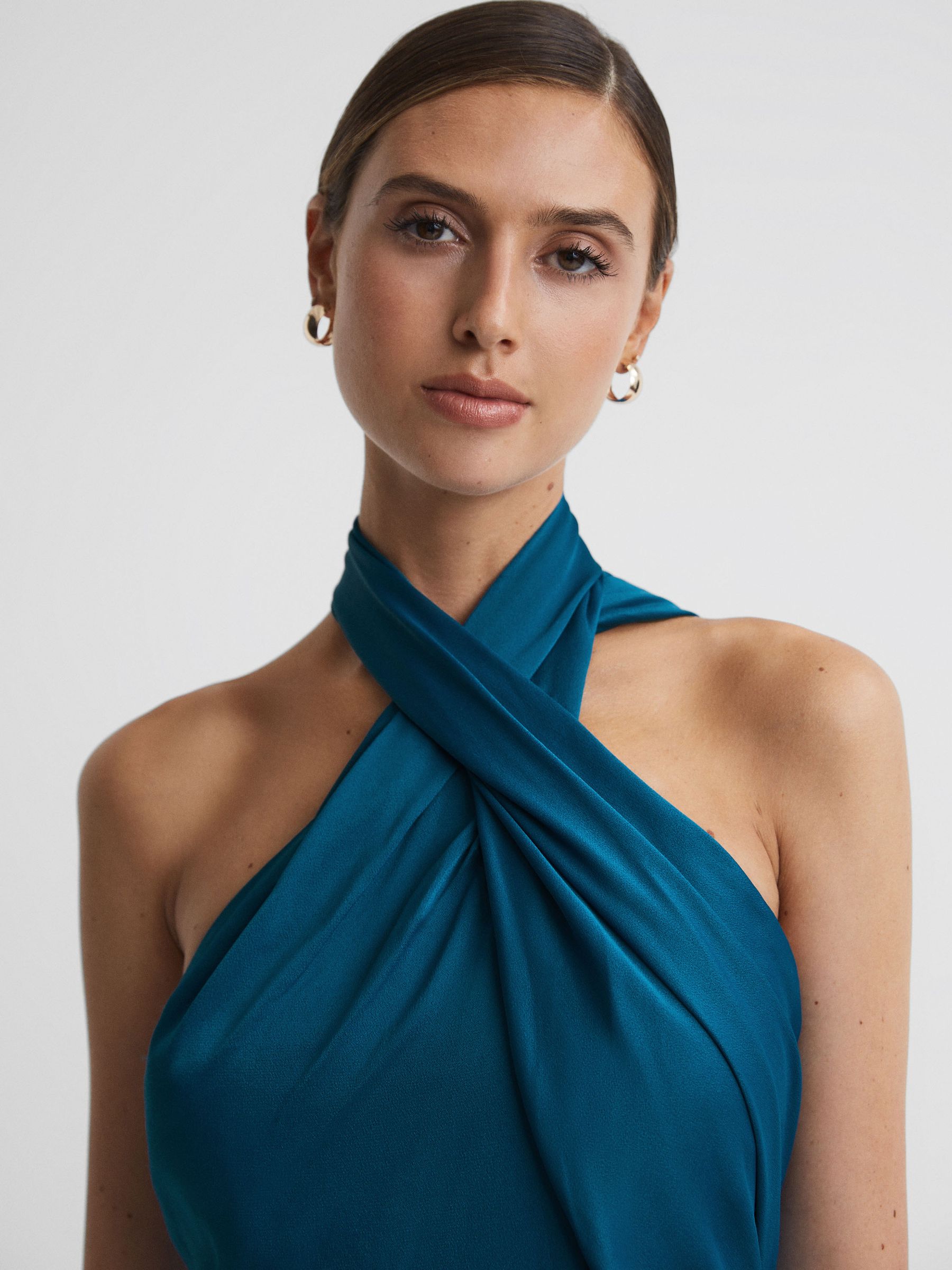 Satin Halter Neck Fitted Midi Dress in Teal - Image 4 of 5