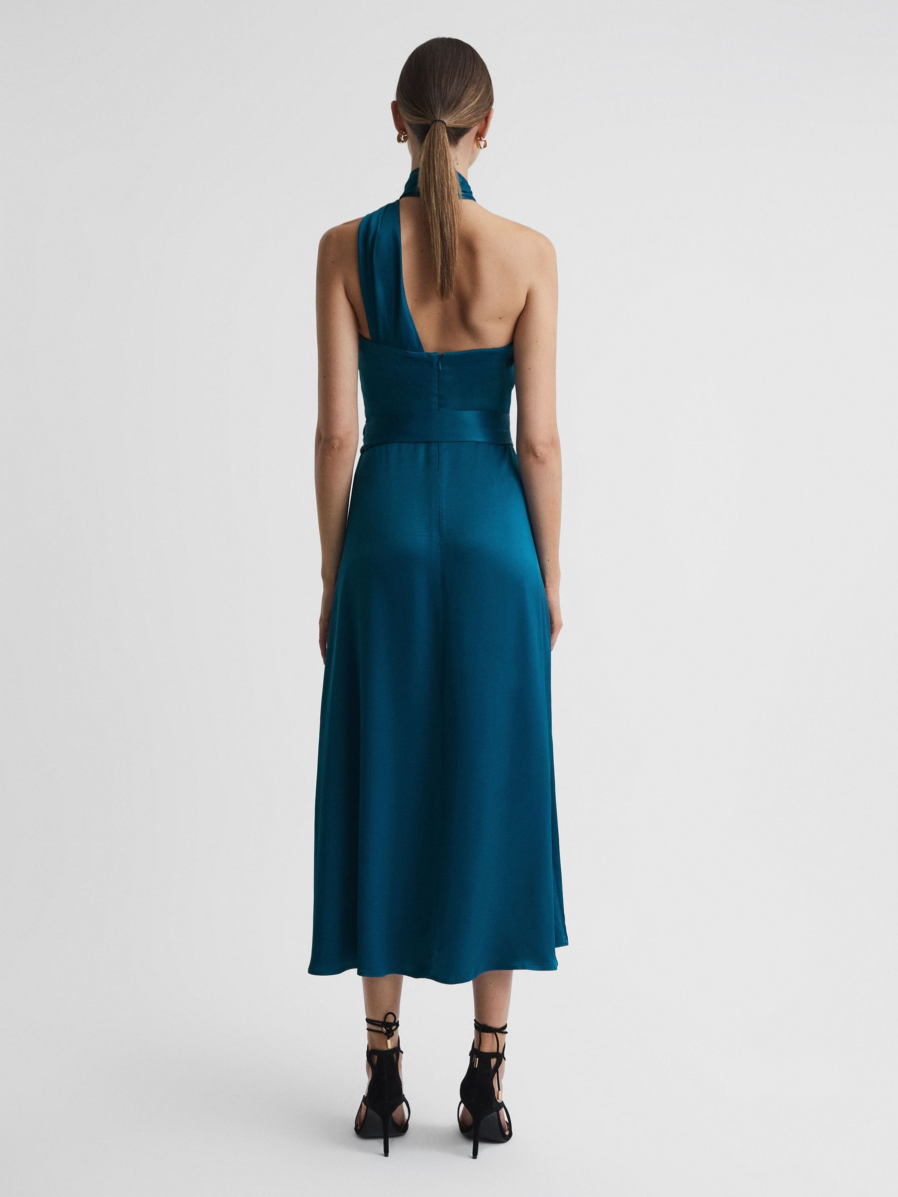 Satin Halter Neck Fitted Midi Dress in Teal - Image 5 of 5