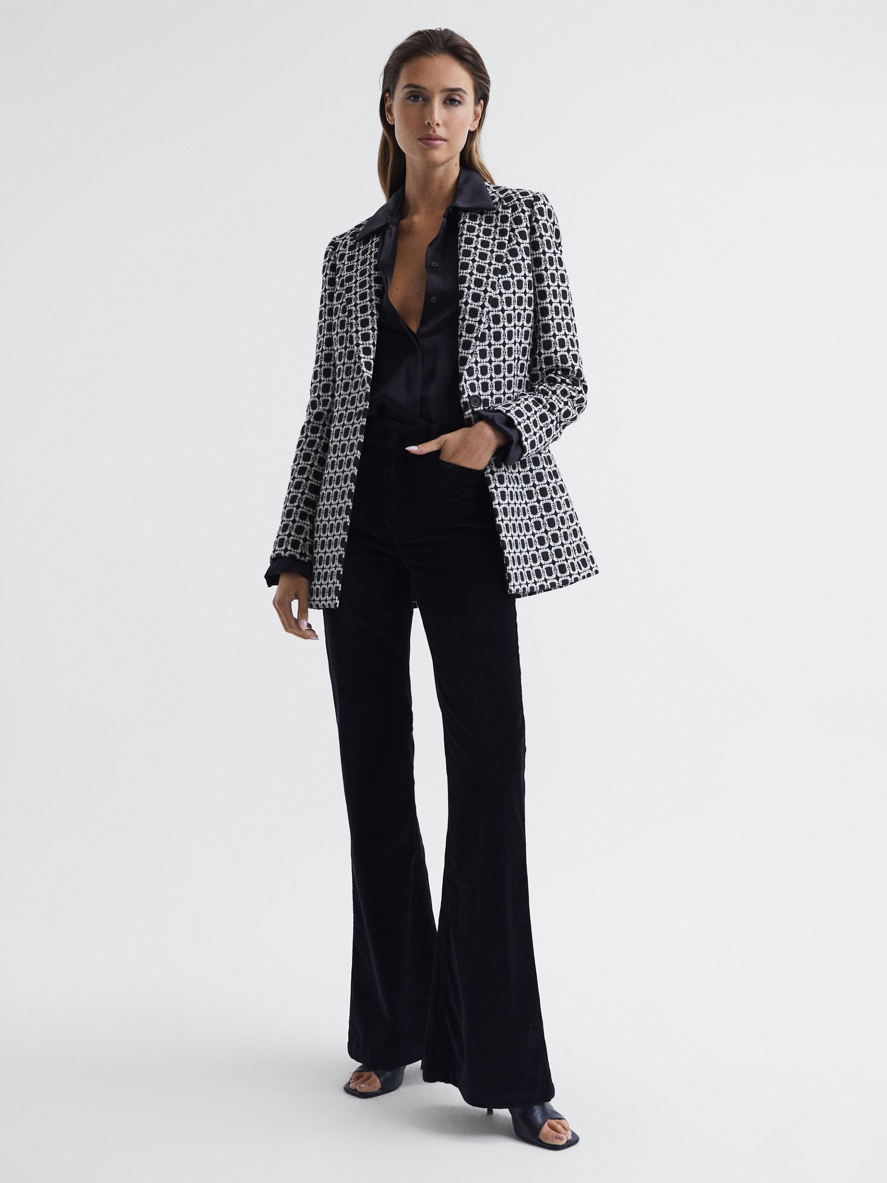 Single Breasted Jacquard Blazer in Black/White - Image 1 of 7